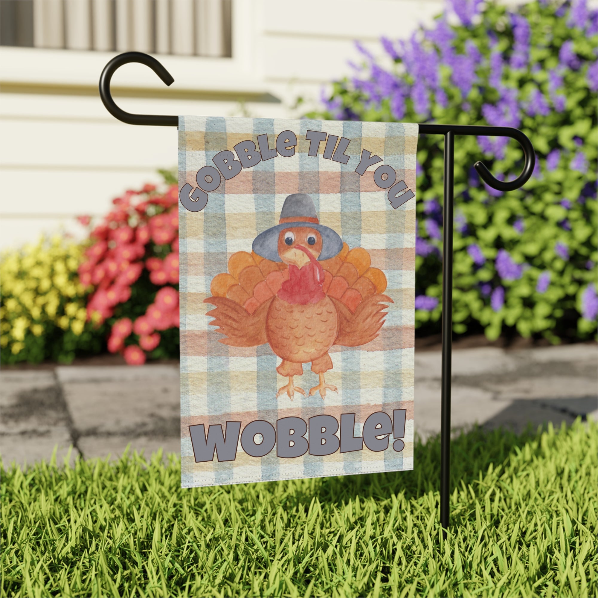 Funny Thanksgiving Garden Flag | Gobble Til You Wobble Yard Decor | Turkey Outdoor Flag | Fall Porch Decoration