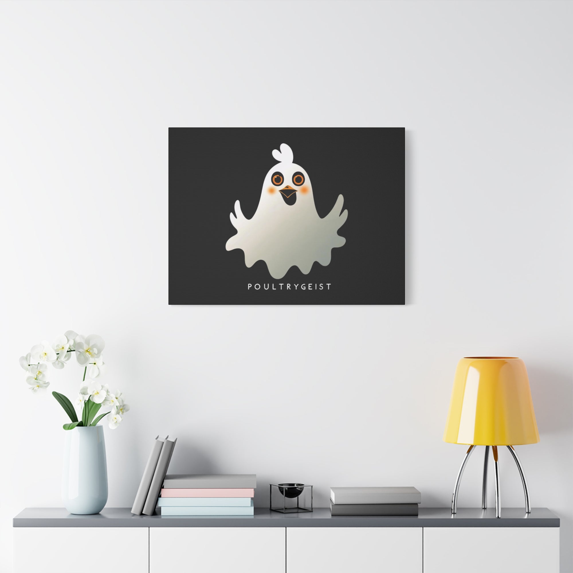 Poultrygeist Chicken Halloween Wall Art – Funny Farmhouse Spooky Decor – Gift for Chicken Lovers Whimsical Canvas Wall Art, Poultrygeist Decor, Cute Ghost Art, Halloween Home Decor, Fun Wall Hanging