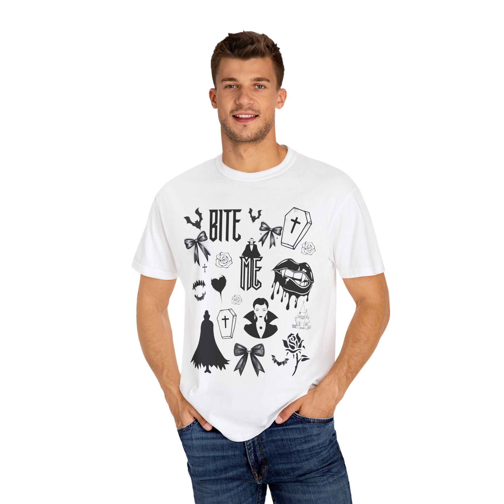 Sink your teeth into spooky season with this bold Bite Me vampire-inspired graphic tee! 🧛‍♂️🦇