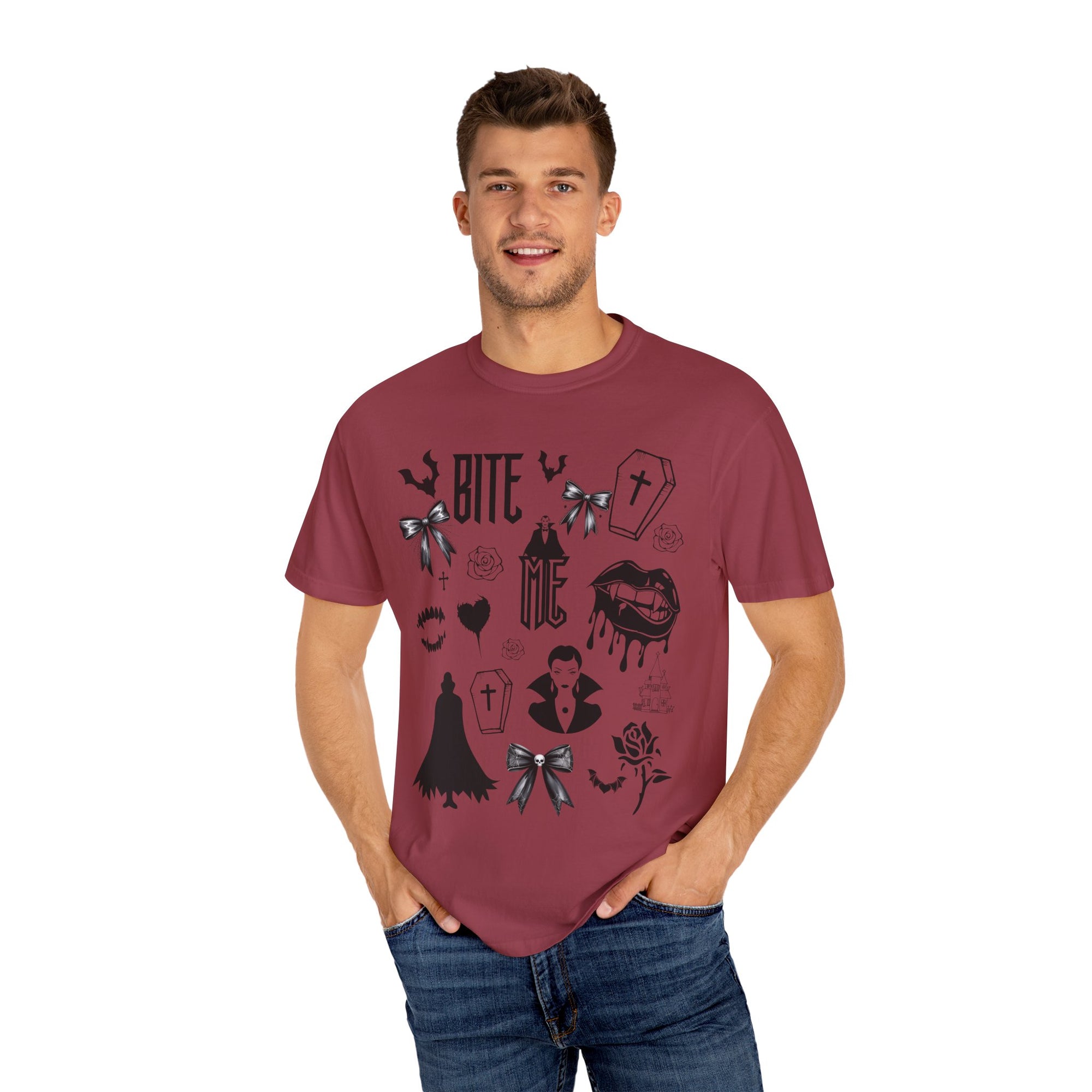 Sink your teeth into spooky season with this bold Bite Me vampire-inspired graphic tee! 🧛‍♂️🦇