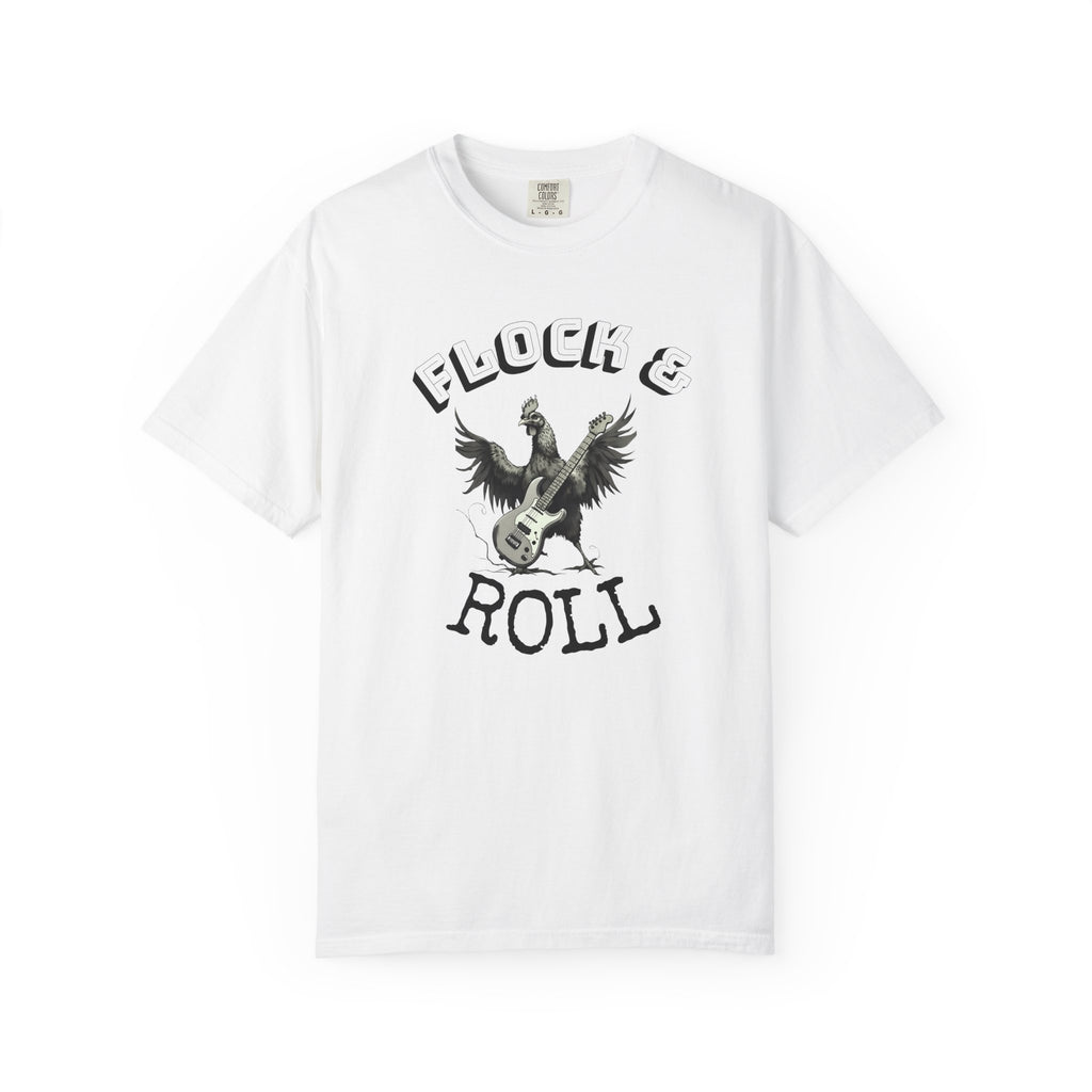 Flock & Roll Chicken T-Shirt – Funny Rock and Roll Graphic Tee – Chicken Lover Shirt – Farmhouse Country Gift – Backyard Poultry Humor