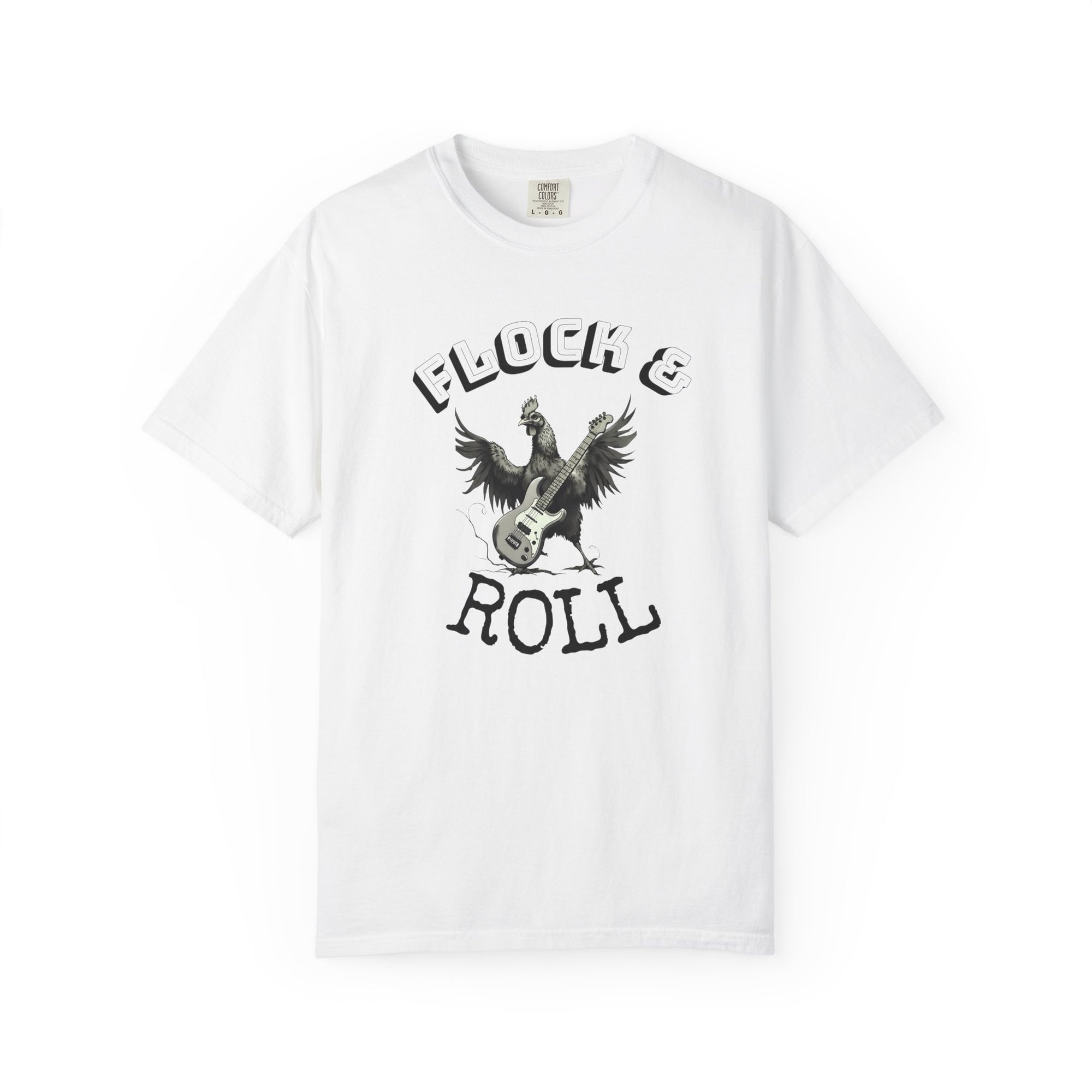 Flock & Roll Chicken T-Shirt – Funny Rock and Roll Graphic Tee – Chicken Lover Shirt – Farmhouse Country Gift – Backyard Poultry Humor
