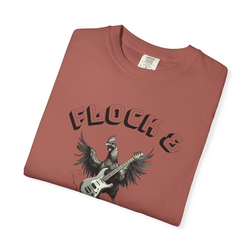 Flock & Roll Chicken T-Shirt – Funny Rock and Roll Graphic Tee – Chicken Lover Shirt – Farmhouse Country Gift – Backyard Poultry Humor