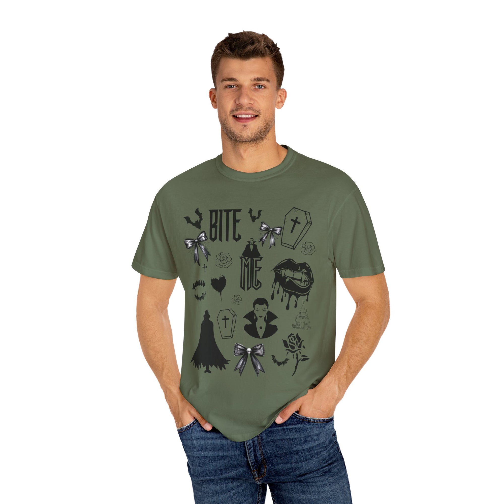 Sink your teeth into spooky season with this bold Bite Me vampire-inspired graphic tee! 🧛‍♂️🦇