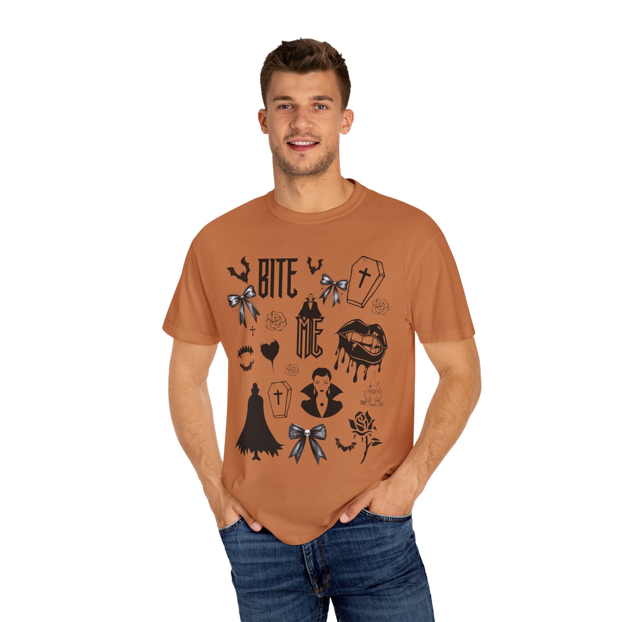 Sink your teeth into spooky season with this bold Bite Me vampire-inspired graphic tee! 🧛‍♂️🦇