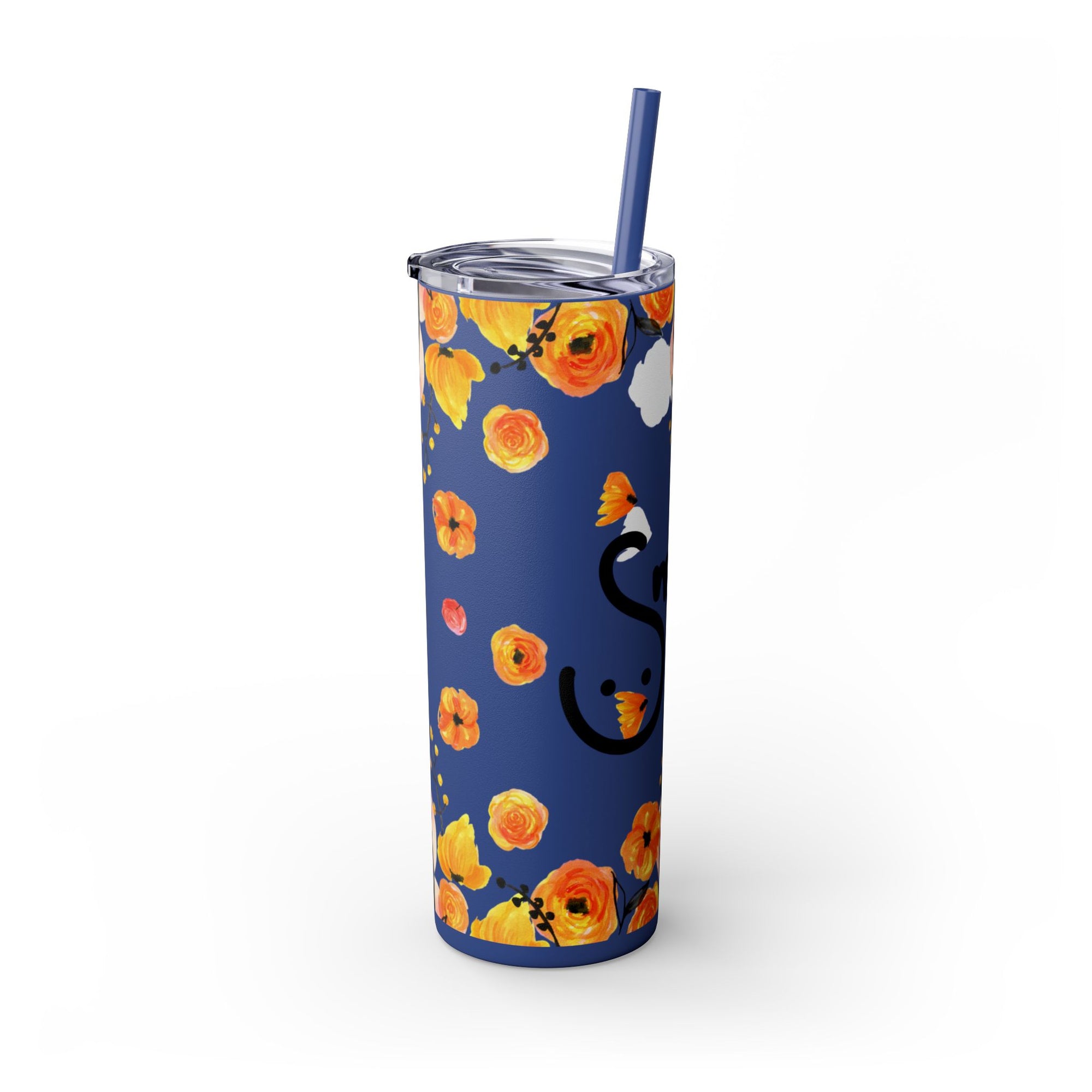 Smile Floral 20oz Skinny Tumbler – Watercolor Flower Stainless Steel Tumbler with Straw, Insulated Travel Cup, Cute Positive Gift
