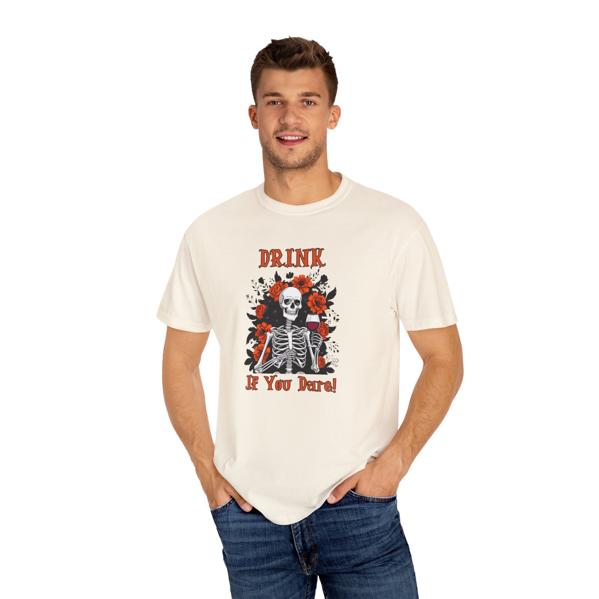 Drink If You Dare Shirt – Skeleton Wine Halloween T-Shirt, Funny Spooky Season Drinking Tee, Gothic Floral Skeleton Graphic Shirt