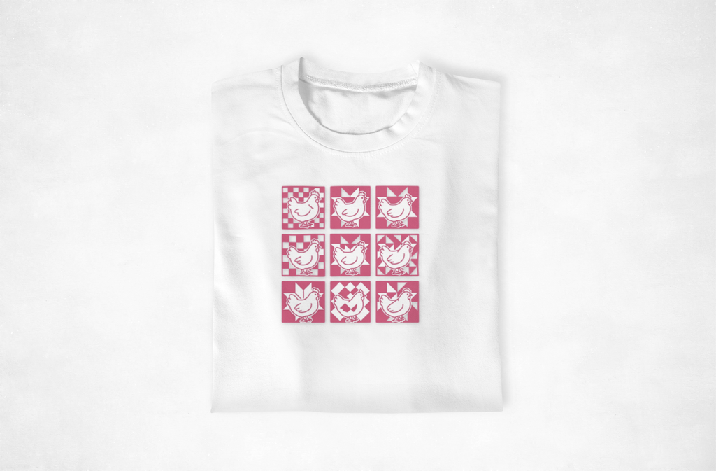 Pink Chicken Quilt Block Graphic T-Shirt