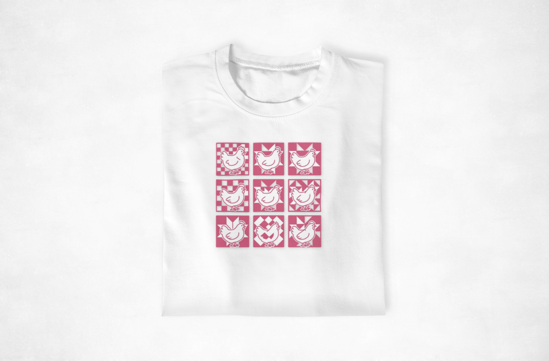 Pink Chicken Quilt Block Graphic T-Shirt