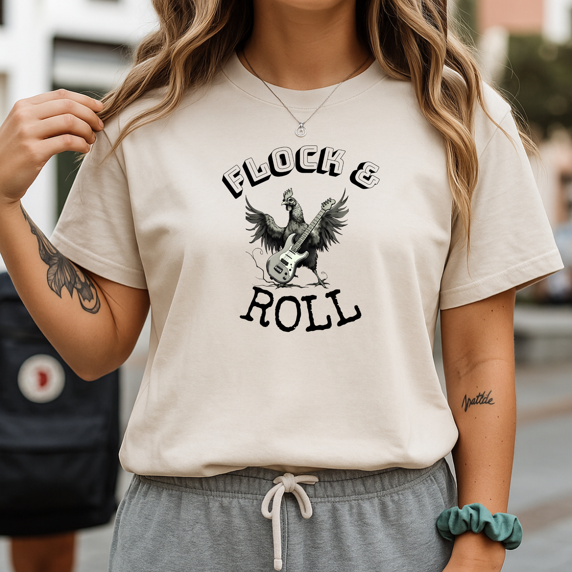 Flock & Roll Chicken T-Shirt – Funny Rock and Roll Graphic Tee – Chicken Lover Shirt – Farmhouse Country Gift – Backyard Poultry Humor