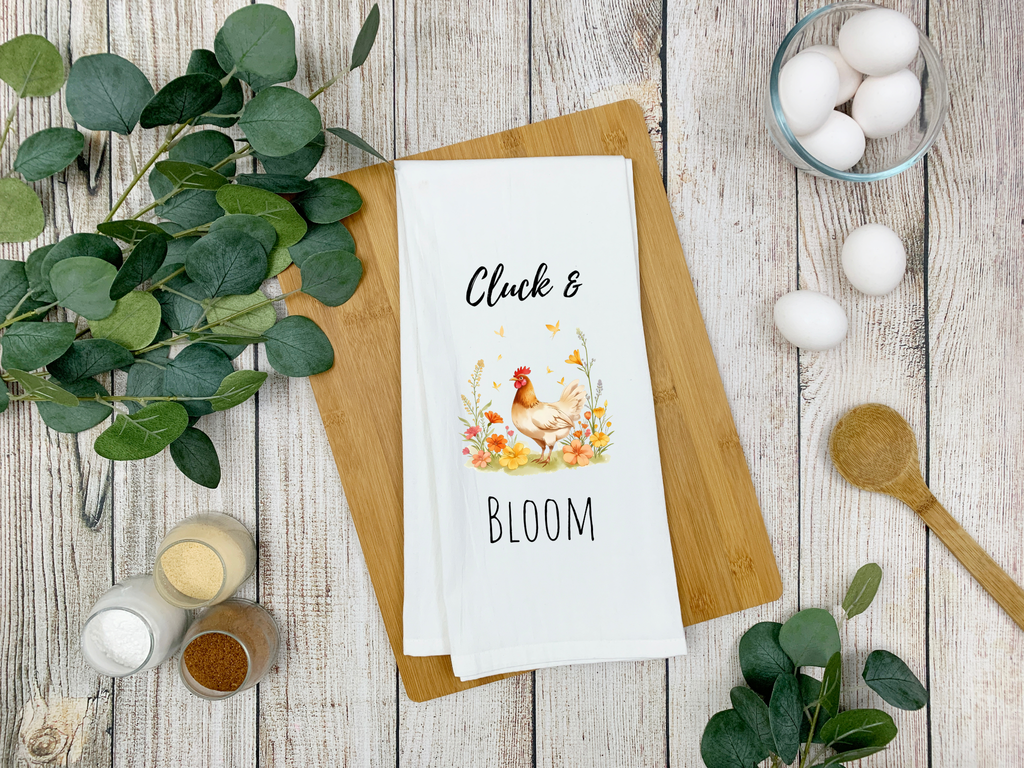 Cluck & Bloom Farmhouse Tea Towel – Chicken Lover Kitchen Decor – Rustic Country Dish Towel – Spring Floral Chicken Mom Gift