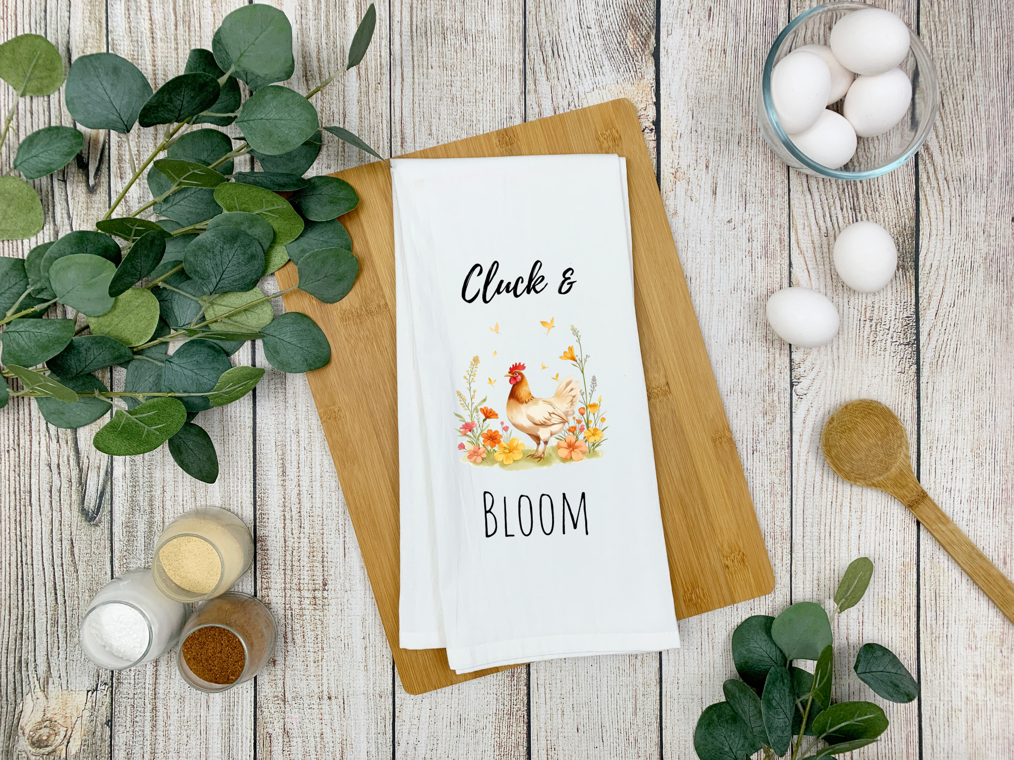 Cluck & Bloom Farmhouse Tea Towel – Chicken Lover Kitchen Decor – Rustic Country Dish Towel – Spring Floral Chicken Mom Gift