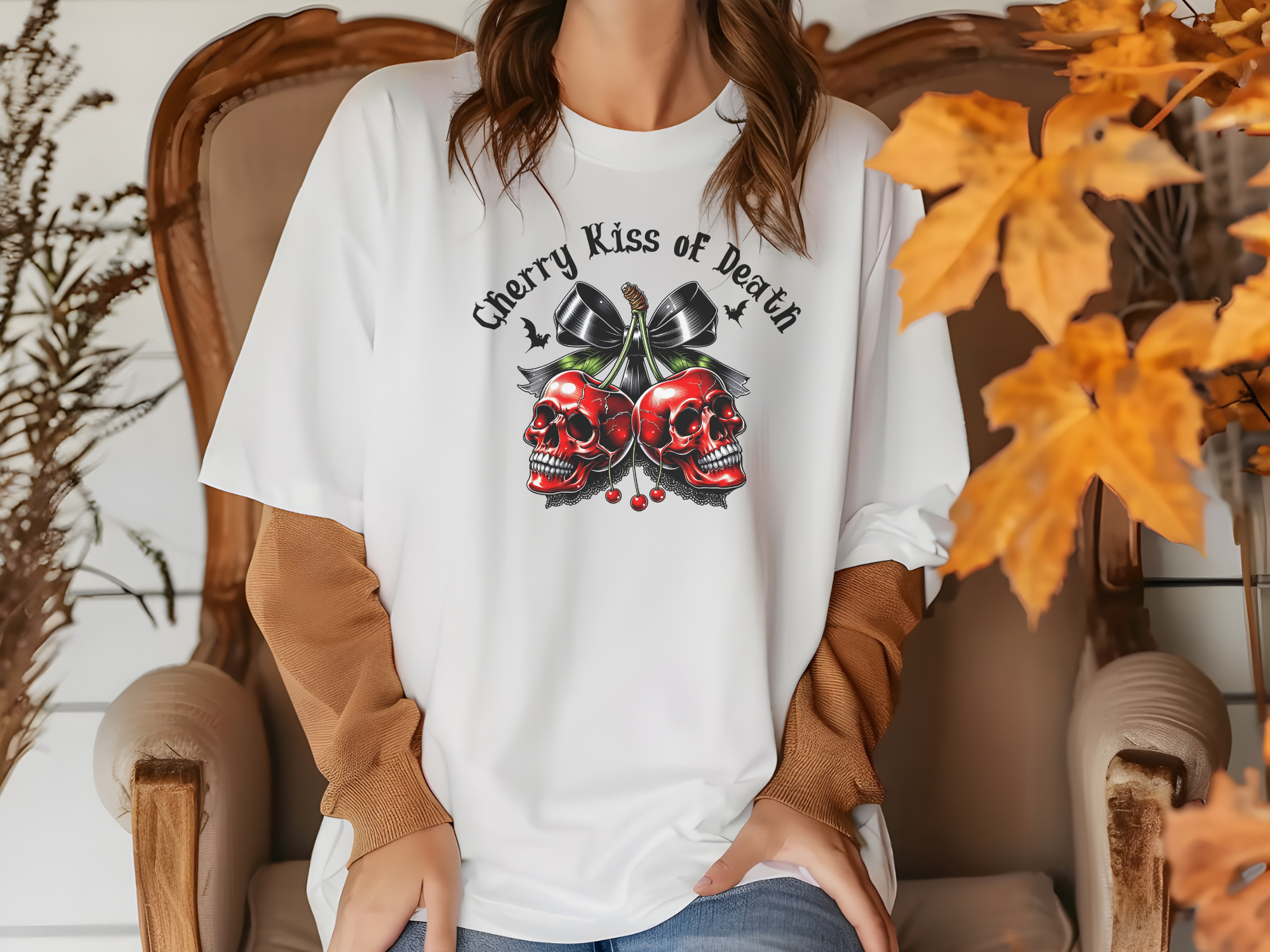 Cherry Kiss of Death Shirt – Gothic Skull Graphic Tee, Dark Aesthetic Cherry Skulls T-Shirt, Alternative Punk Rock Halloween Shirt
