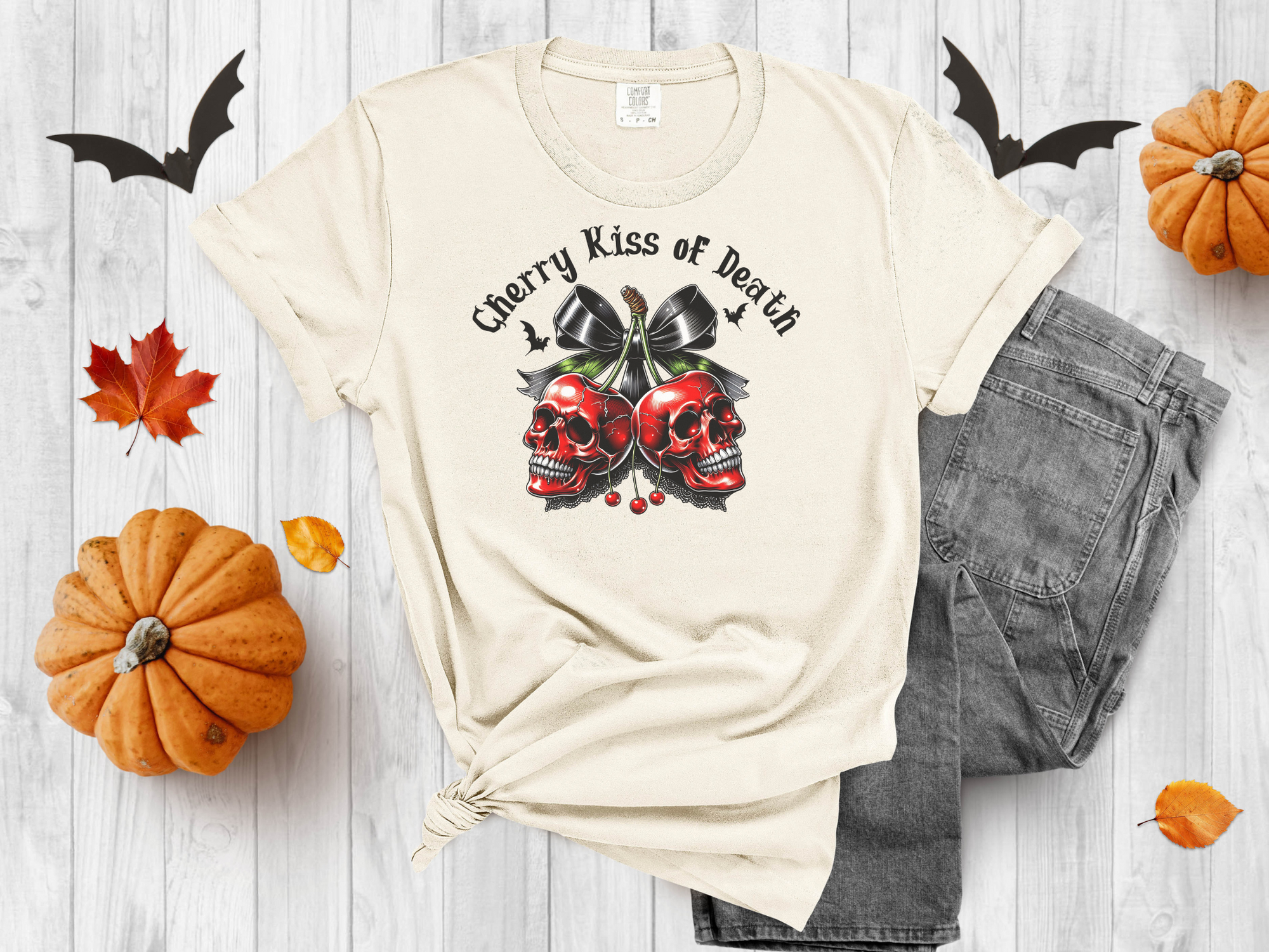 Cherry Kiss of Death Shirt – Gothic Skull Graphic Tee, Dark Aesthetic Cherry Skulls T-Shirt, Alternative Punk Rock Halloween Shirt