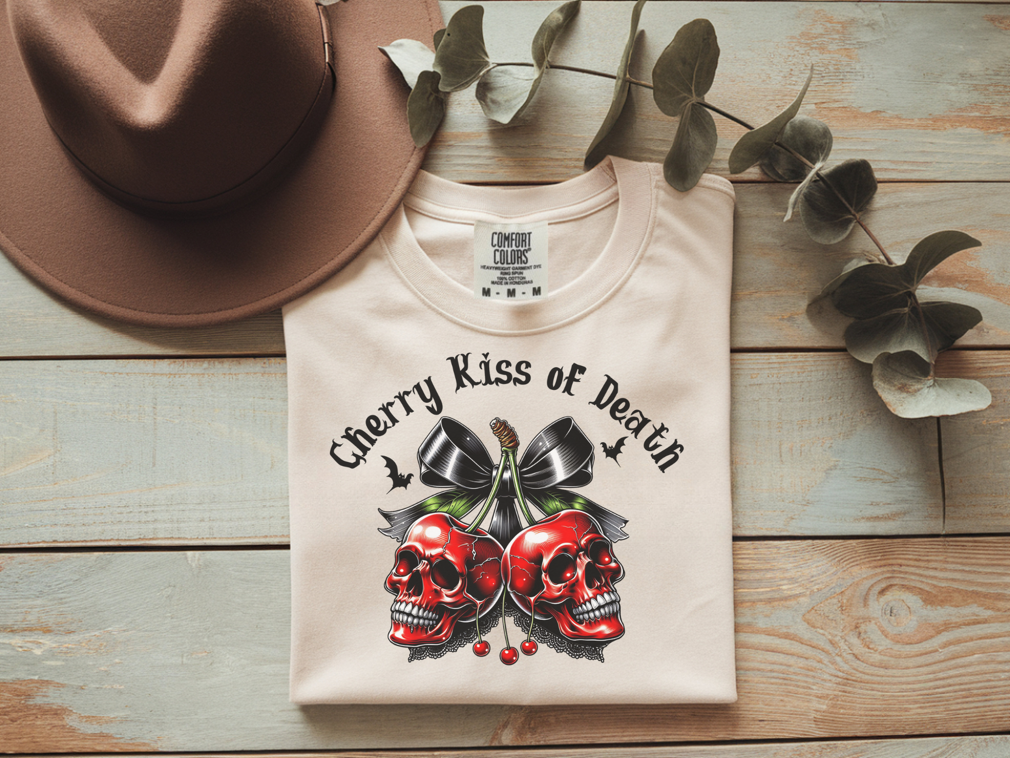 Cherry Kiss of Death Shirt – Gothic Skull Graphic Tee, Dark Aesthetic Cherry Skulls T-Shirt, Alternative Punk Rock Halloween Shirt