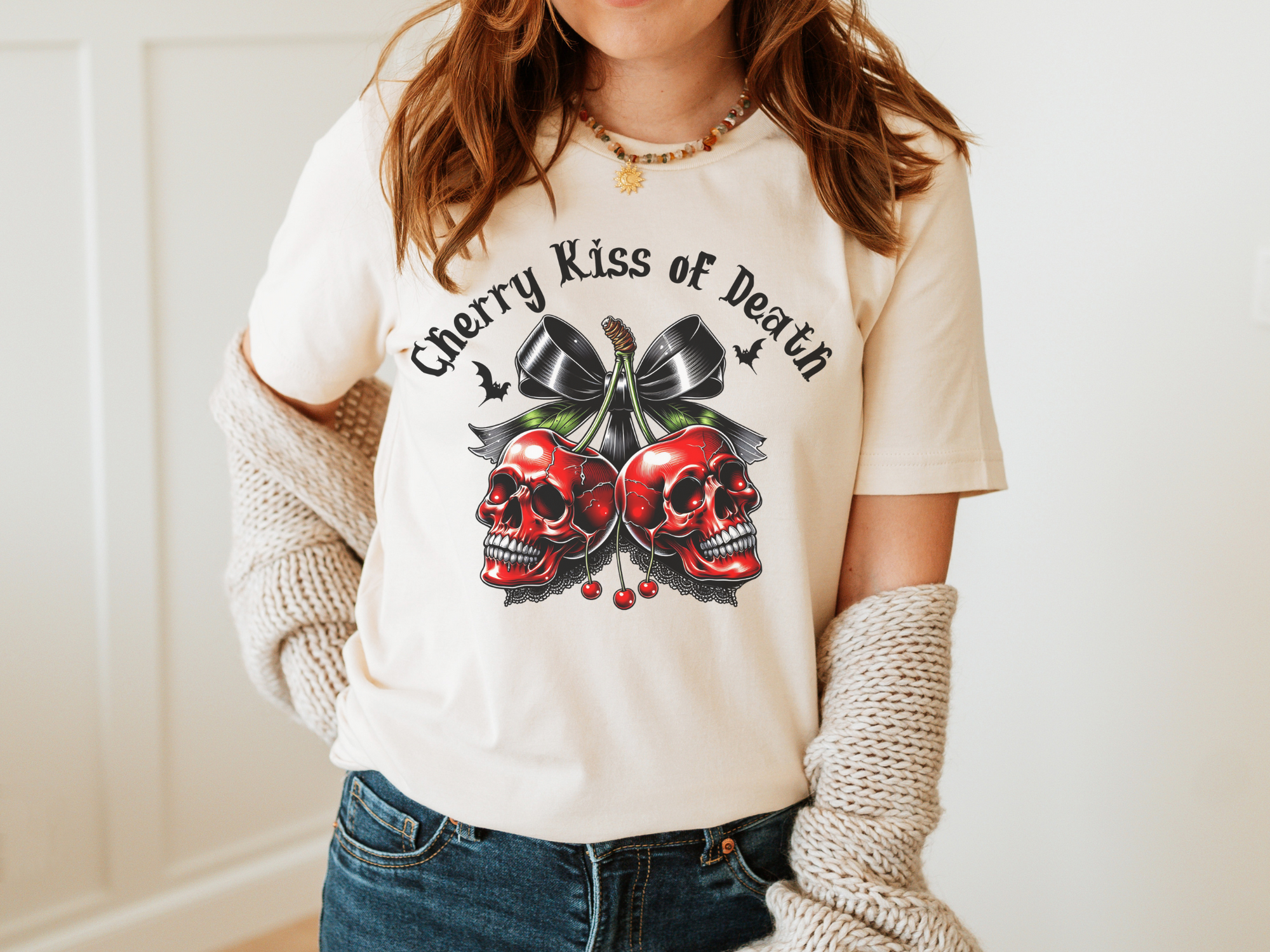 Cherry Kiss of Death Shirt – Gothic Skull Graphic Tee, Dark Aesthetic Cherry Skulls T-Shirt, Alternative Punk Rock Halloween Shirt