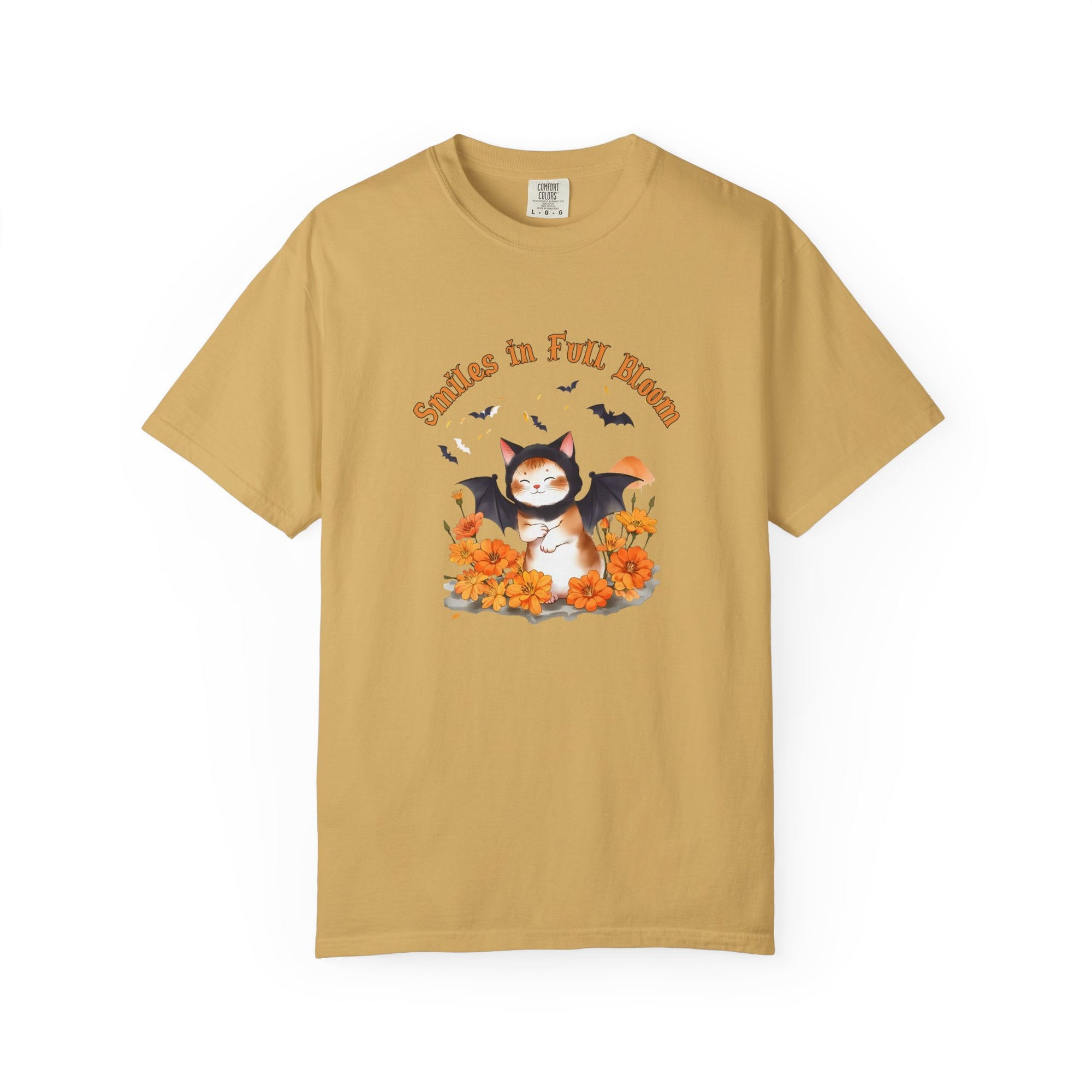 Smiles in Full Bloom Shirt – Cute Halloween Bat T-Shirt, Kawaii Spooky Season Tee, Autumn Flowers Graphic Shirt, Fall Aesthetic Outfit