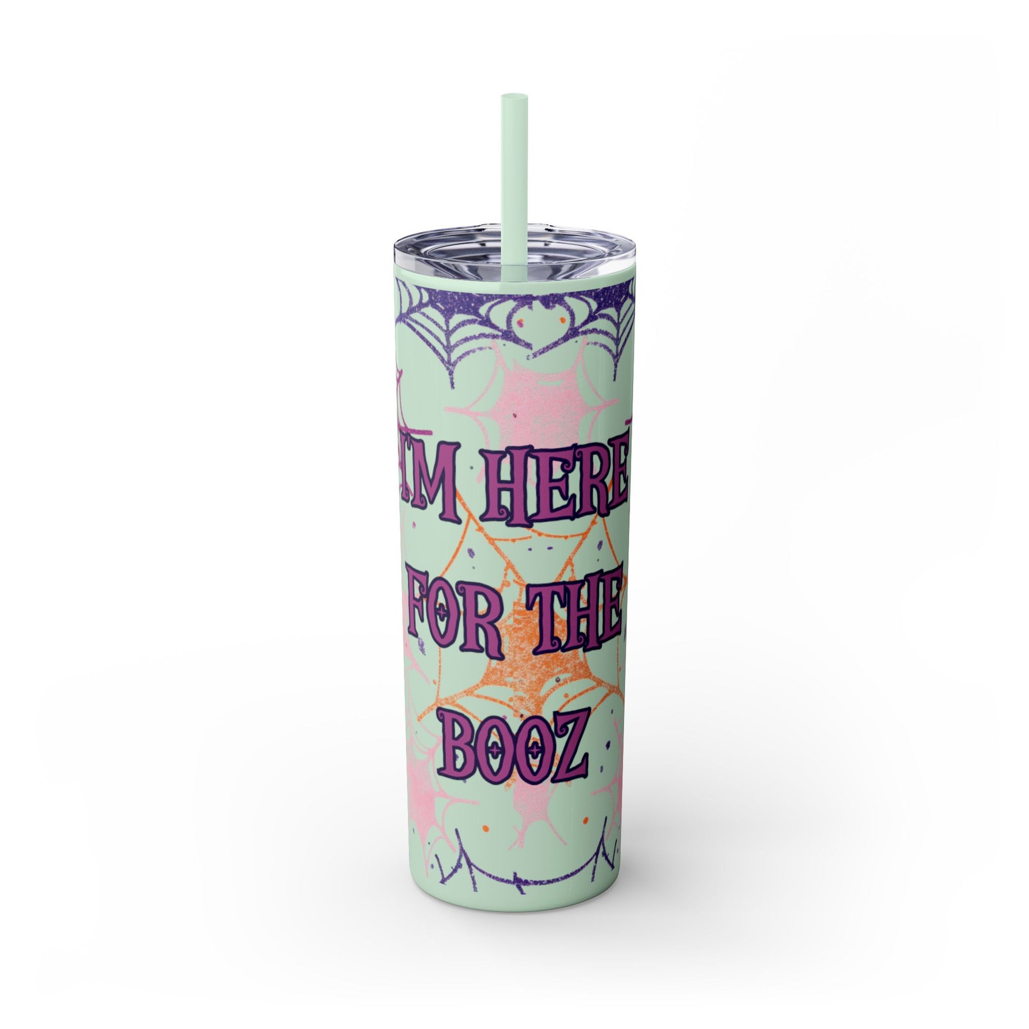 Halloween-Themed Skinny Tumbler, 20oz, I'm Here for the Booze, Travel Mug, Spider Web Design, Party Accessory, Fun Gift Idea