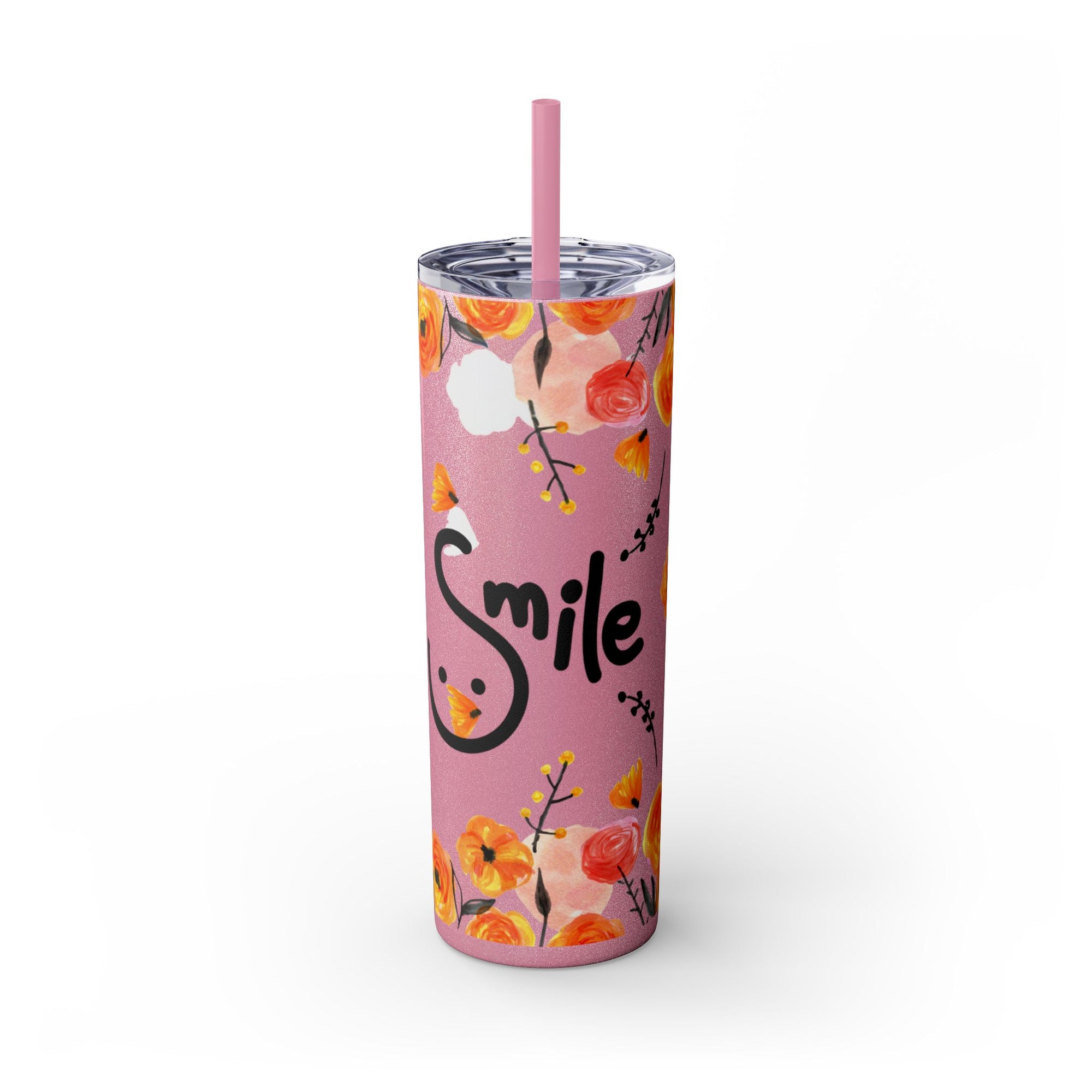 Smile Floral 20oz Skinny Tumbler – Watercolor Flower Stainless Steel Tumbler with Straw, Insulated Travel Cup, Cute Positive Gift