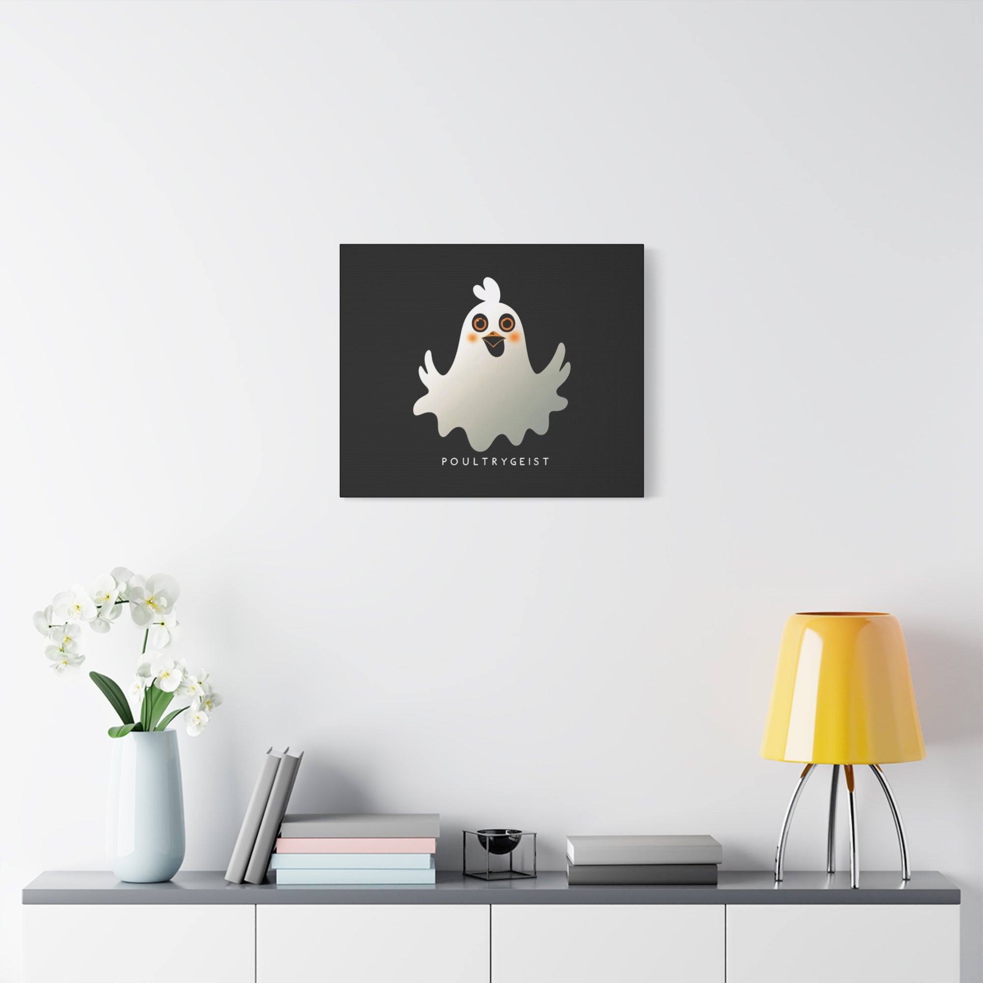 Poultrygeist Chicken Halloween Wall Art – Funny Farmhouse Spooky Decor – Gift for Chicken Lovers Whimsical Canvas Wall Art, Poultrygeist Decor, Cute Ghost Art, Halloween Home Decor, Fun Wall Hanging