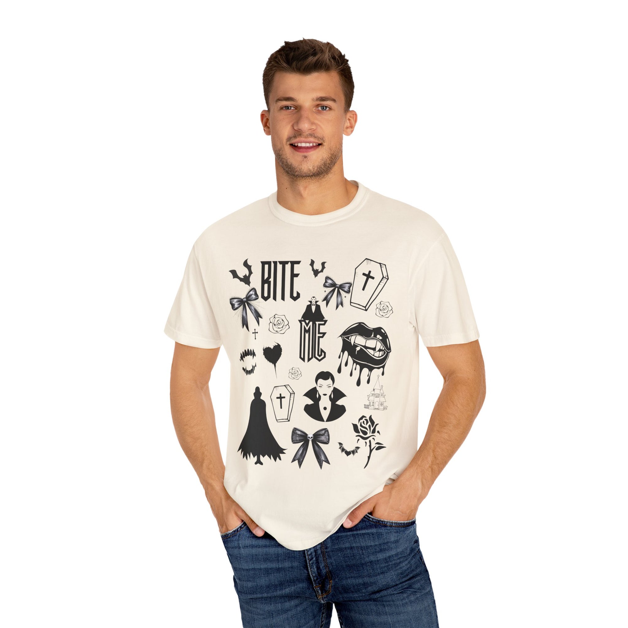 Sink your teeth into spooky season with this bold Bite Me vampire-inspired graphic tee! 🧛‍♂️🦇