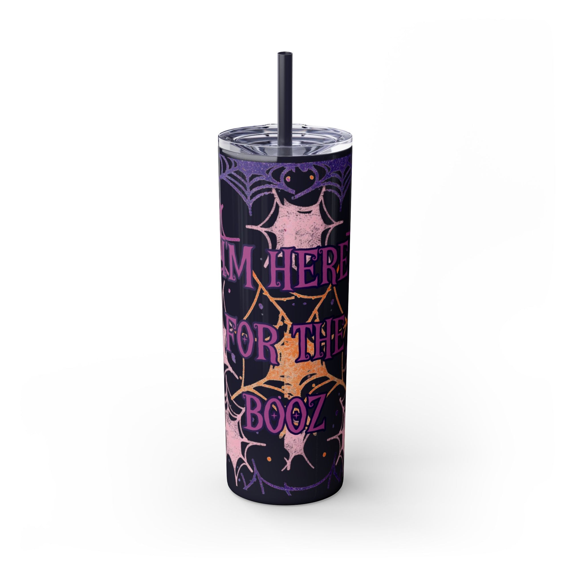 Halloween-Themed Skinny Tumbler, 20oz, I'm Here for the Booze, Travel Mug, Spider Web Design, Party Accessory, Fun Gift Idea