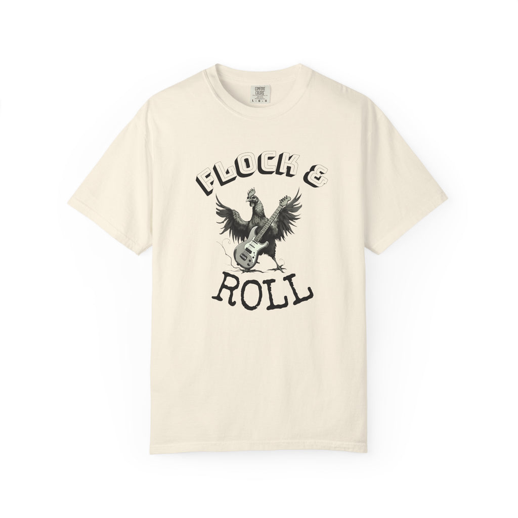 Flock & Roll Chicken T-Shirt – Funny Rock and Roll Graphic Tee – Chicken Lover Shirt – Farmhouse Country Gift – Backyard Poultry Humor