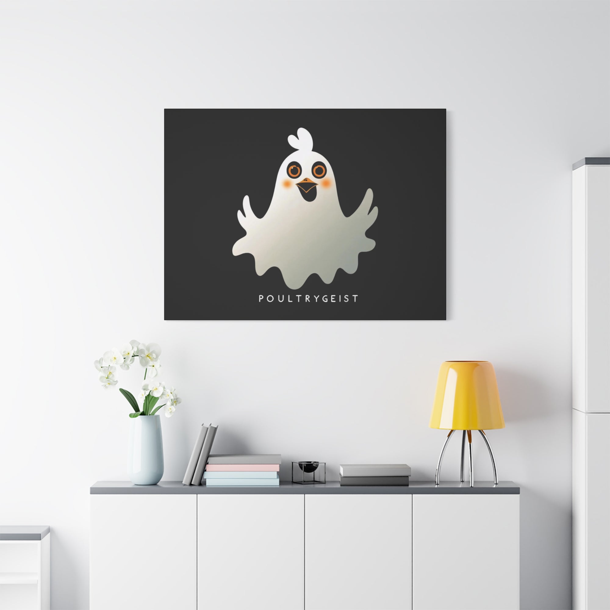 Poultrygeist Chicken Halloween Wall Art – Funny Farmhouse Spooky Decor – Gift for Chicken Lovers Whimsical Canvas Wall Art, Poultrygeist Decor, Cute Ghost Art, Halloween Home Decor, Fun Wall Hanging