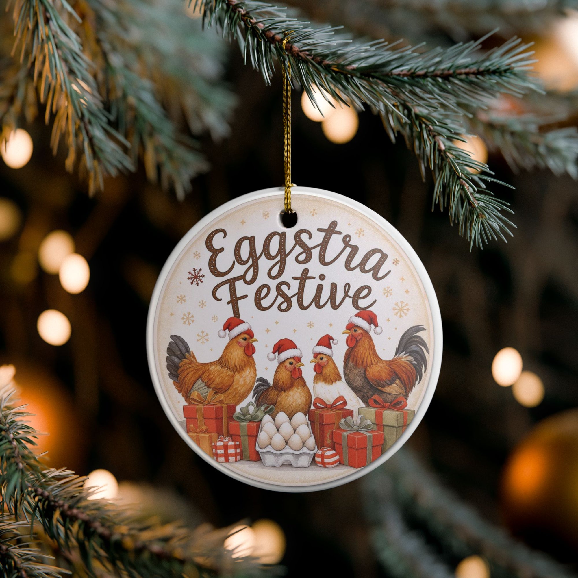 Eggstra Festive Ceramic Ornament - Eggstra Festive Chickens Decoration, Holiday Decor, Christmas Ornament, Farmhouse Decor, Gift Idea