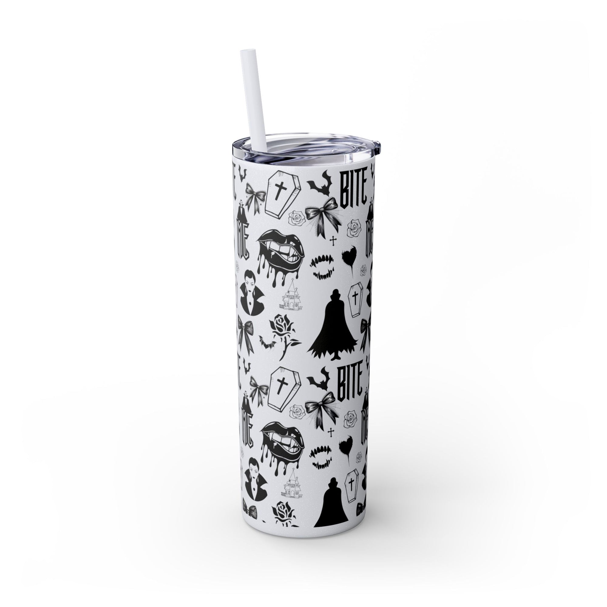 Gothic Skinny Tumbler, Perfect for Halloween, Unique Gift for Spooky Season, Cute Vampire Design, Ideal for Parties, Drinkware