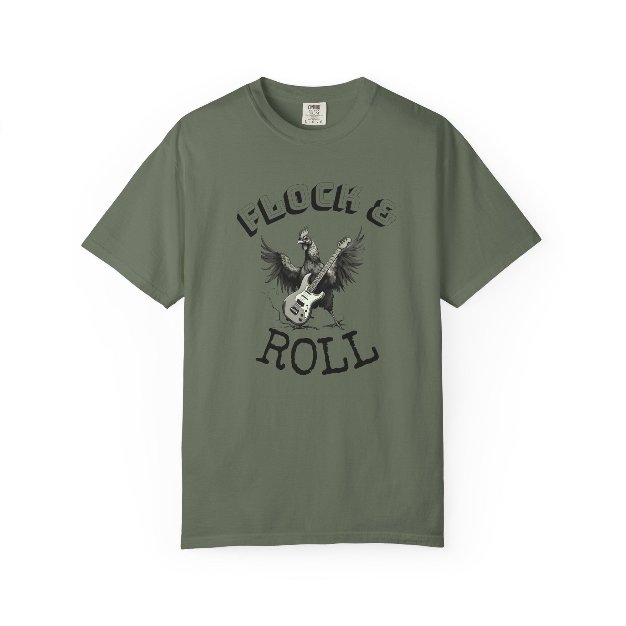Flock & Roll Chicken T-Shirt – Funny Rock and Roll Graphic Tee – Chicken Lover Shirt – Farmhouse Country Gift – Backyard Poultry Humor