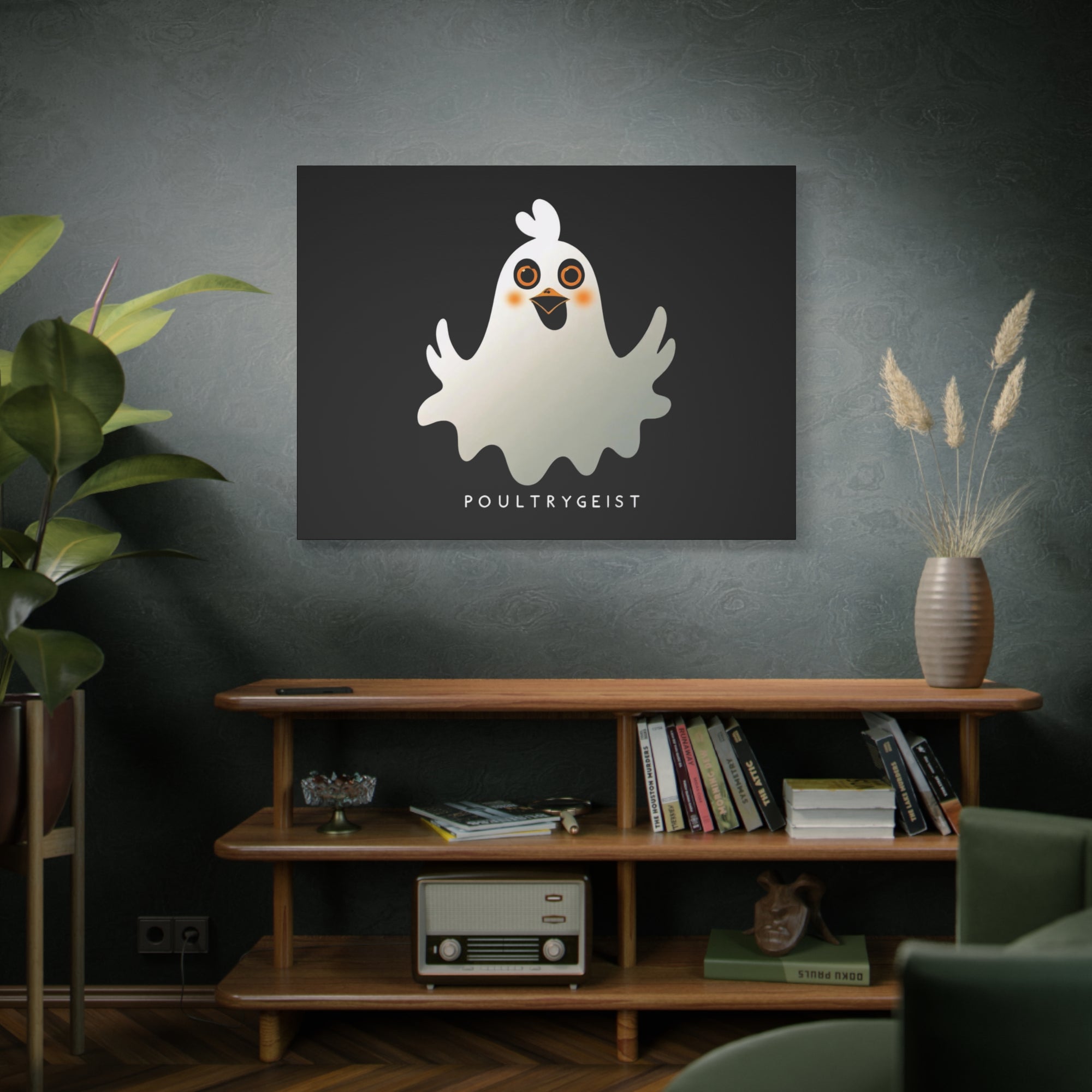Poultrygeist Chicken Halloween Wall Art – Funny Farmhouse Spooky Decor – Gift for Chicken Lovers Whimsical Canvas Wall Art, Poultrygeist Decor, Cute Ghost Art, Halloween Home Decor, Fun Wall Hanging