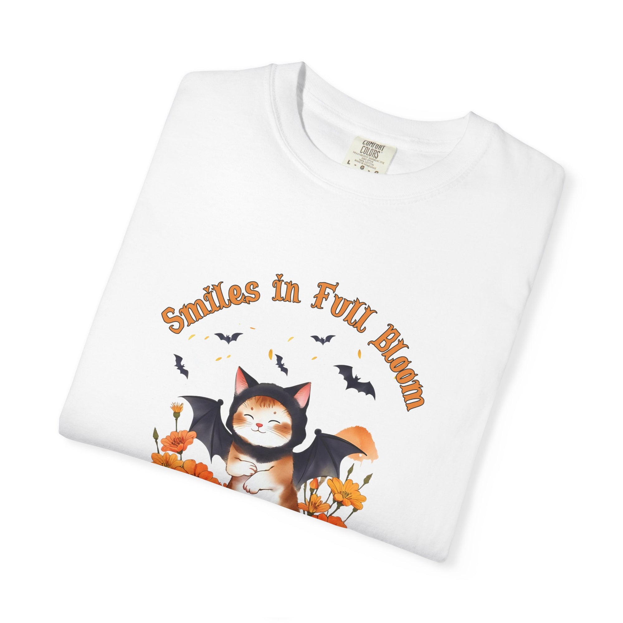Smiles in Full Bloom Shirt – Cute Halloween Bat T-Shirt, Kawaii Spooky Season Tee, Autumn Flowers Graphic Shirt, Fall Aesthetic Outfit