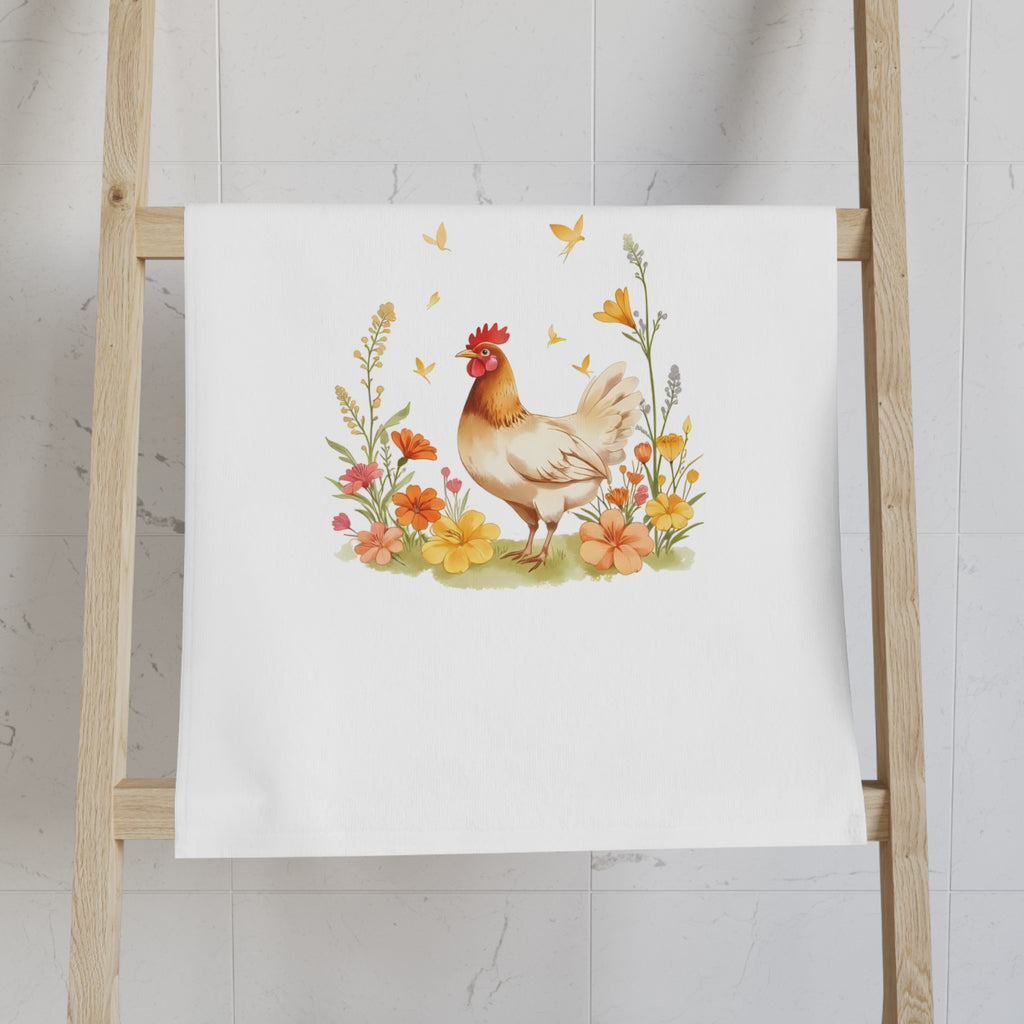 Cluck & Bloom Farmhouse Tea Towel – Chicken Lover Kitchen Decor – Rustic Country Dish Towel – Spring Floral Chicken Mom Gift