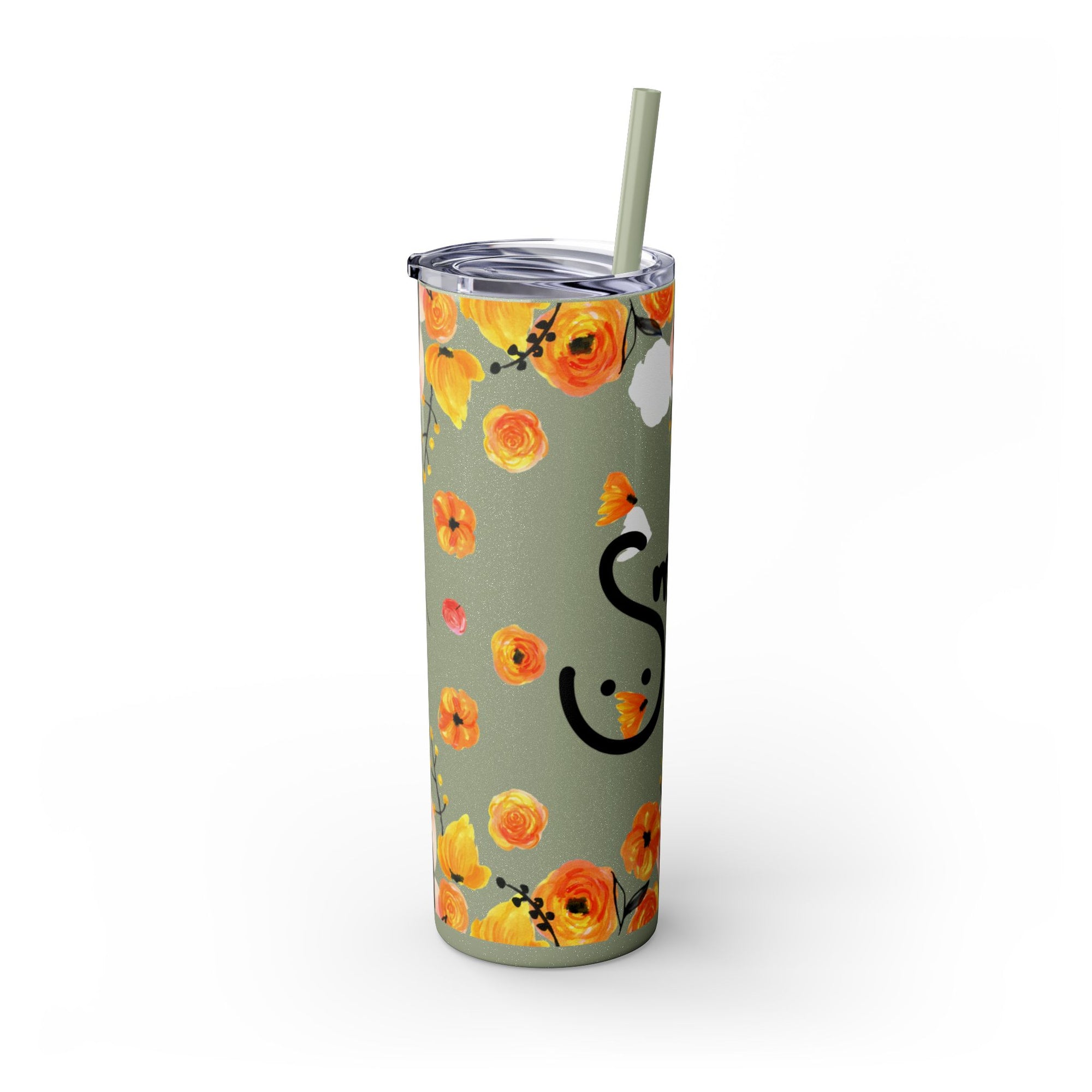 Smile Floral 20oz Skinny Tumbler – Watercolor Flower Stainless Steel Tumbler with Straw, Insulated Travel Cup, Cute Positive Gift