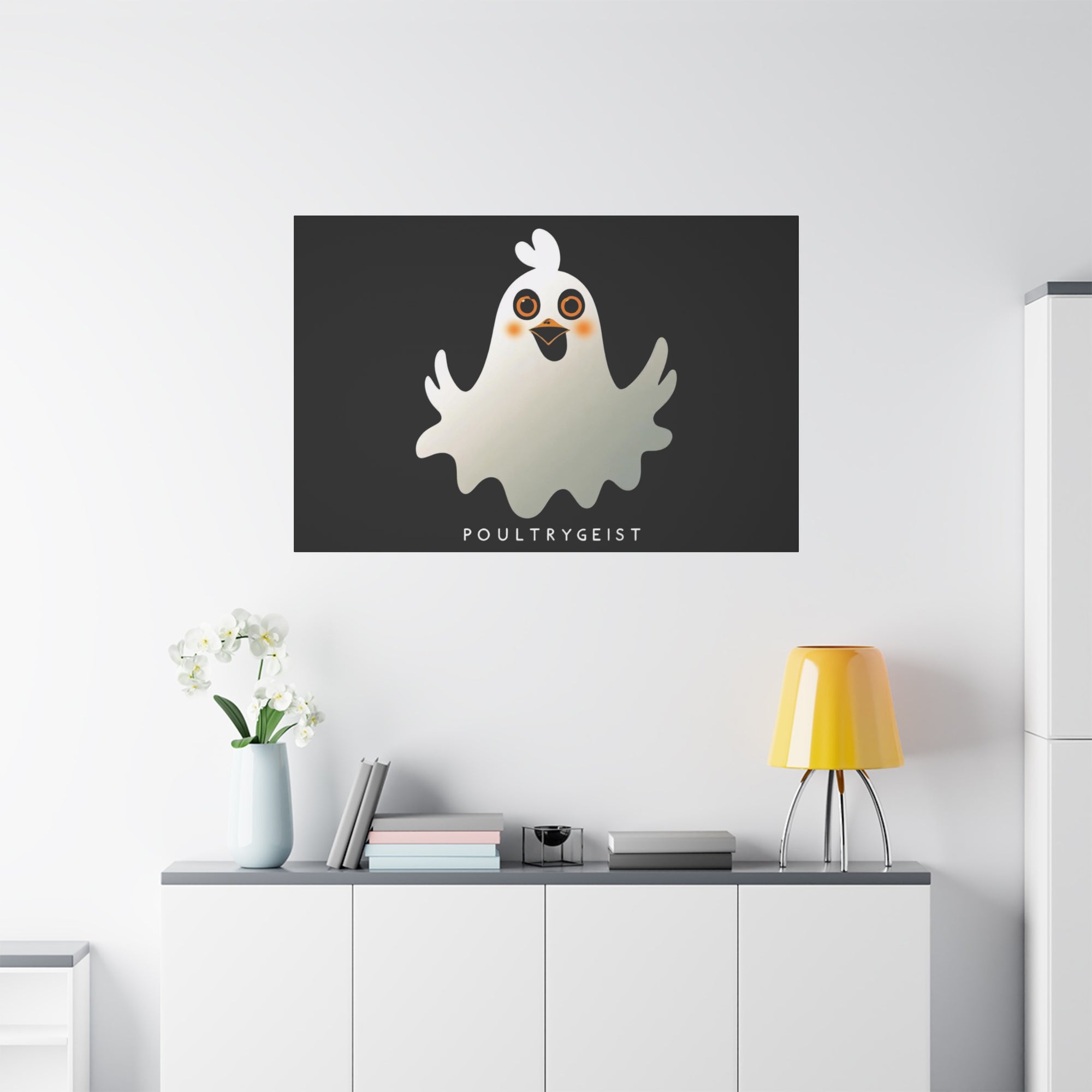 Poultrygeist Chicken Halloween Wall Art – Funny Farmhouse Spooky Decor – Gift for Chicken Lovers Whimsical Canvas Wall Art, Poultrygeist Decor, Cute Ghost Art, Halloween Home Decor, Fun Wall Hanging