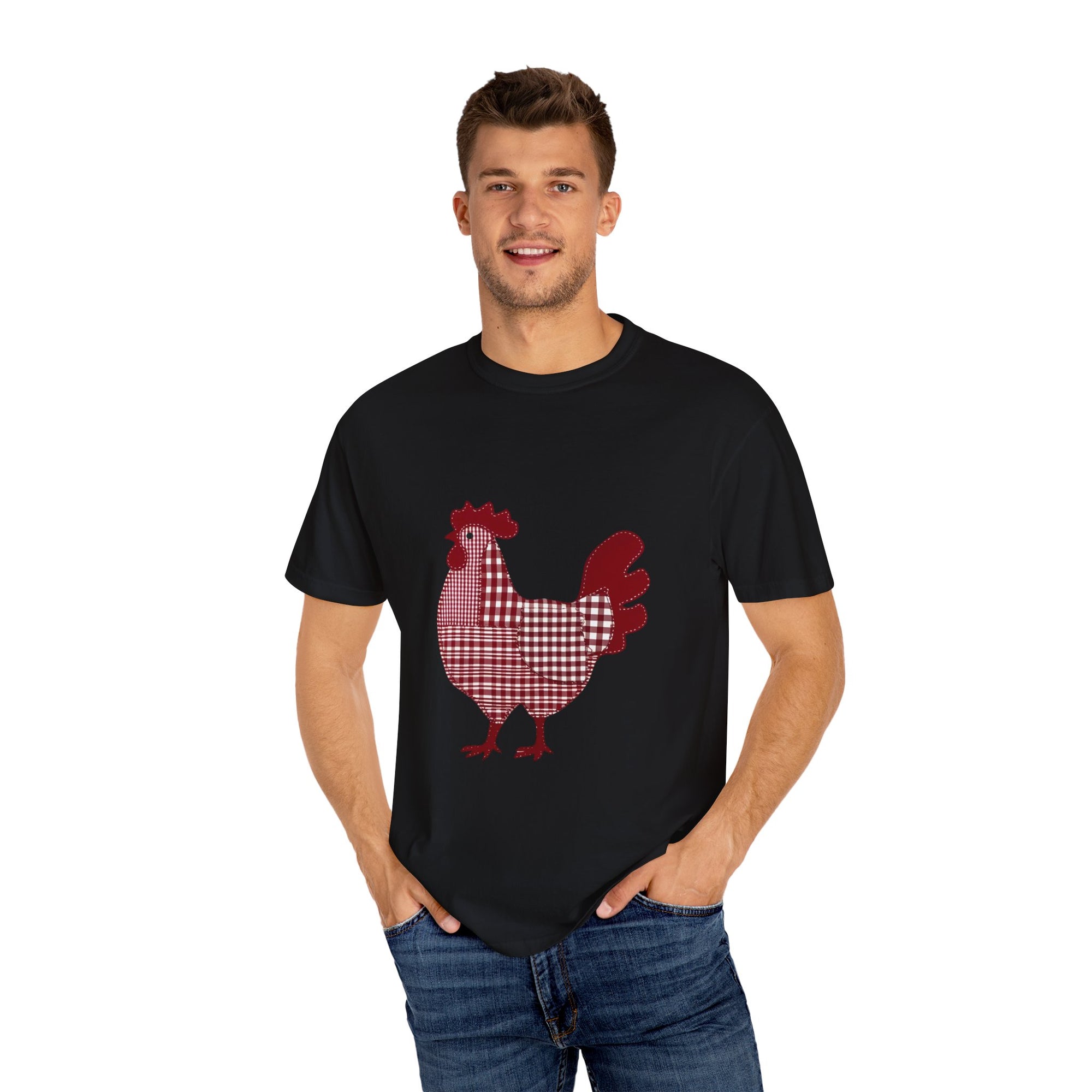 Red and White Gingham Farmhouse Style Chicken Graphic T-Shirt, Rustic Farm Tee, Unisex Casual Wear, Gift for Chicken Lovers, Outdoor Enthusiast T-shirt