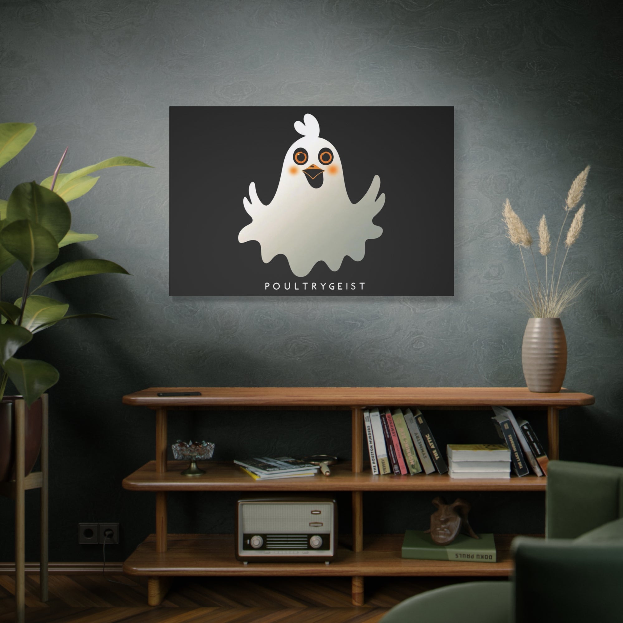Poultrygeist Chicken Halloween Wall Art – Funny Farmhouse Spooky Decor – Gift for Chicken Lovers Whimsical Canvas Wall Art, Poultrygeist Decor, Cute Ghost Art, Halloween Home Decor, Fun Wall Hanging