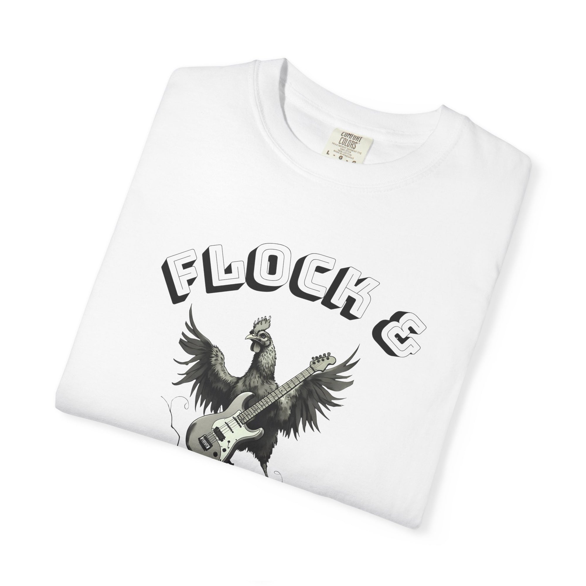 Flock & Roll Chicken T-Shirt – Funny Rock and Roll Graphic Tee – Chicken Lover Shirt – Farmhouse Country Gift – Backyard Poultry Humor