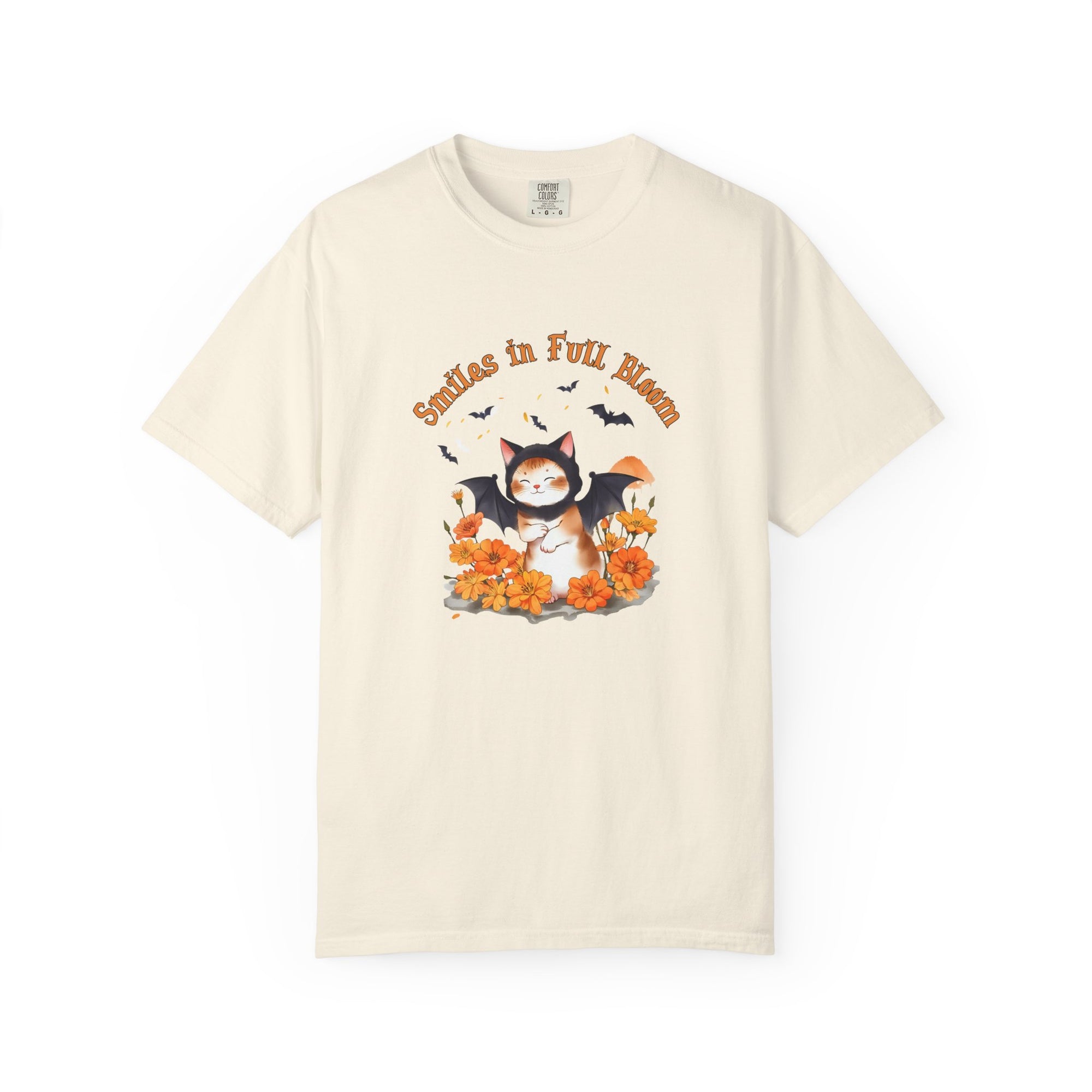 Smiles in Full Bloom Shirt – Cute Halloween Bat T-Shirt, Kawaii Spooky Season Tee, Autumn Flowers Graphic Shirt, Fall Aesthetic Outfit