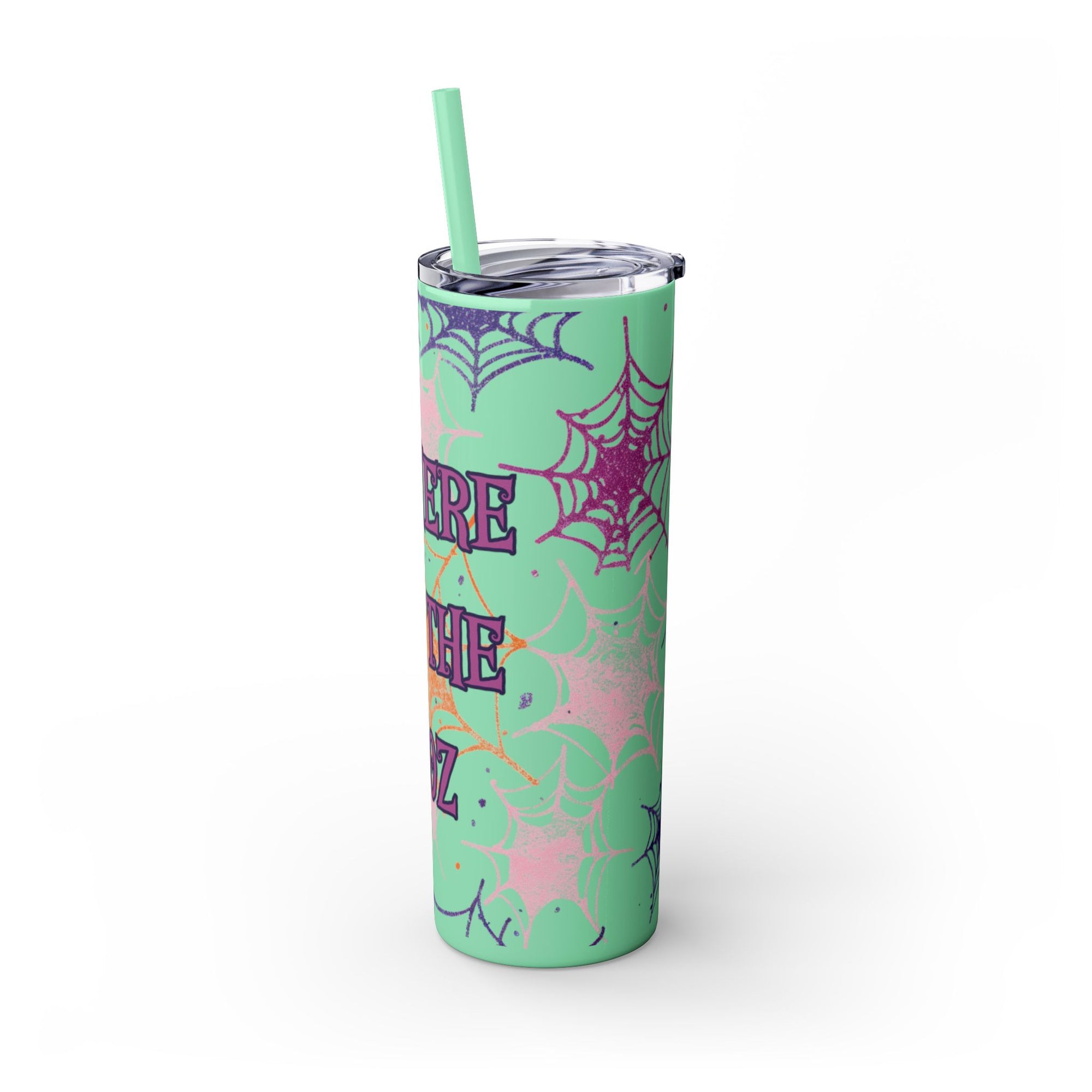 Halloween-Themed Skinny Tumbler, 20oz, I'm Here for the Booze, Travel Mug, Spider Web Design, Party Accessory, Fun Gift Idea