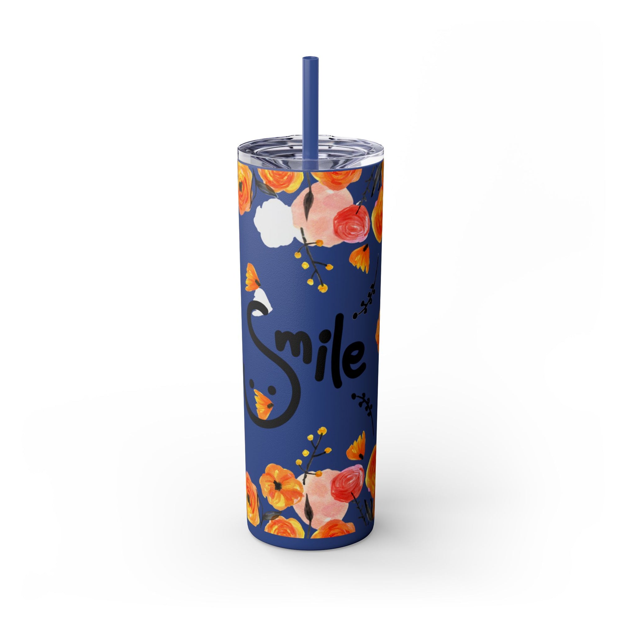 Smile Floral 20oz Skinny Tumbler – Watercolor Flower Stainless Steel Tumbler with Straw, Insulated Travel Cup, Cute Positive Gift
