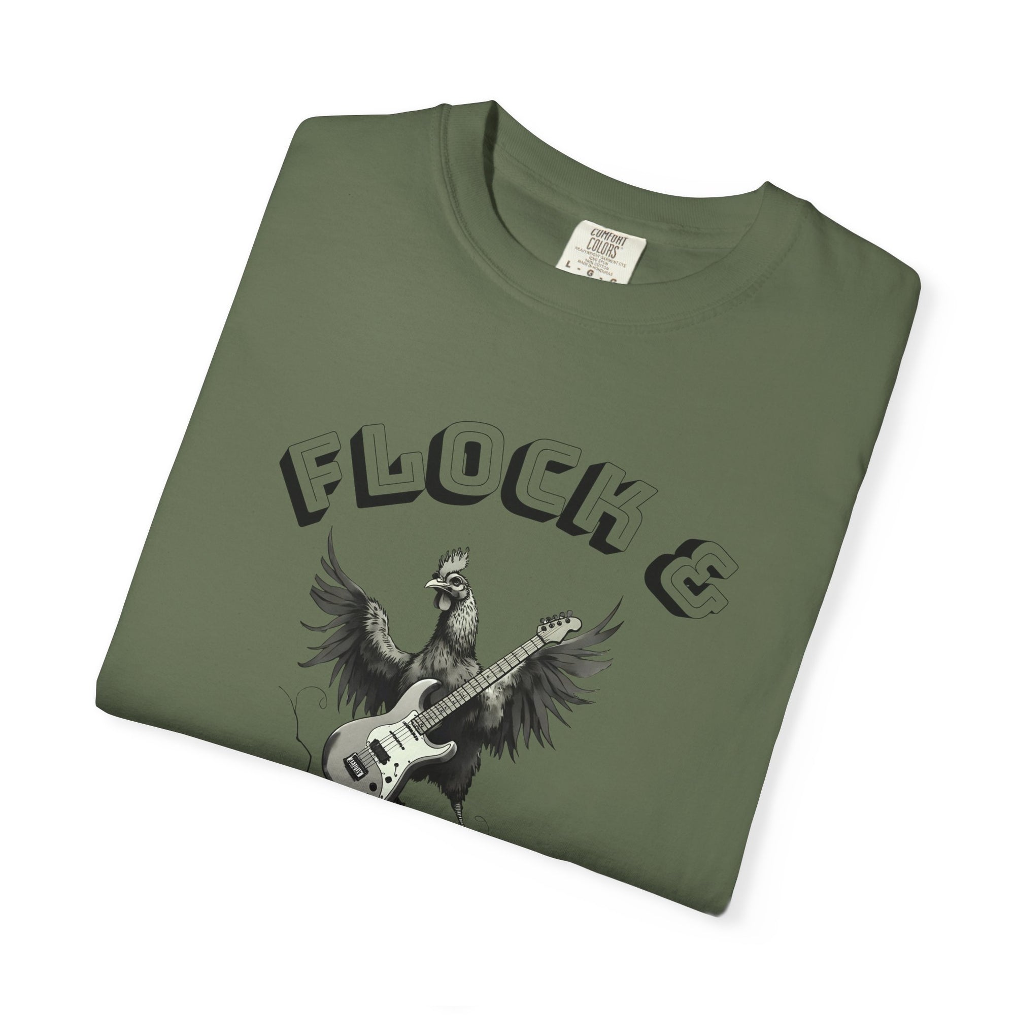 Flock & Roll Chicken T-Shirt – Funny Rock and Roll Graphic Tee – Chicken Lover Shirt – Farmhouse Country Gift – Backyard Poultry Humor