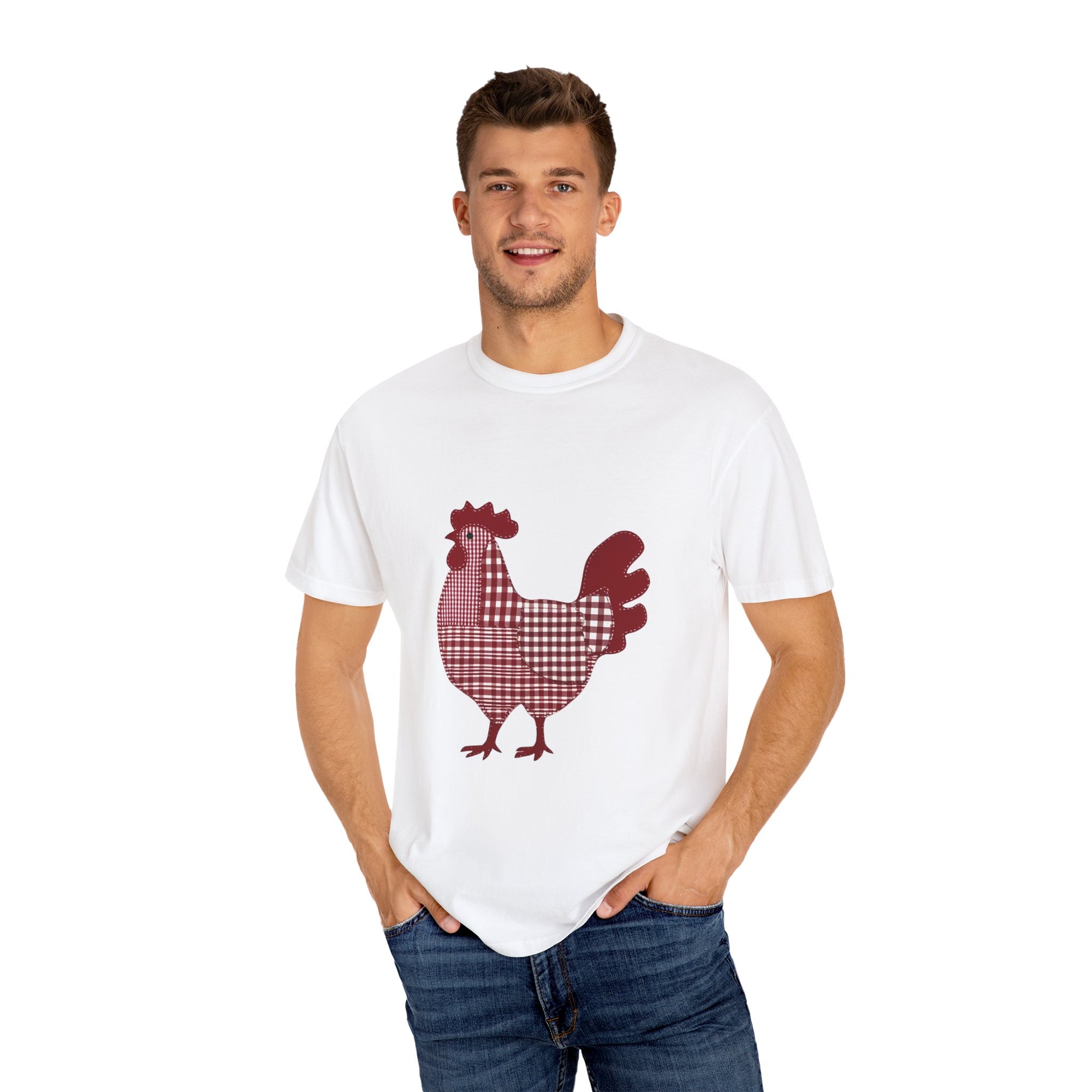 Red and White Gingham Farmhouse Style Chicken Graphic T-Shirt, Rustic Farm Tee, Unisex Casual Wear, Gift for Chicken Lovers, Outdoor Enthusiast T-shirt