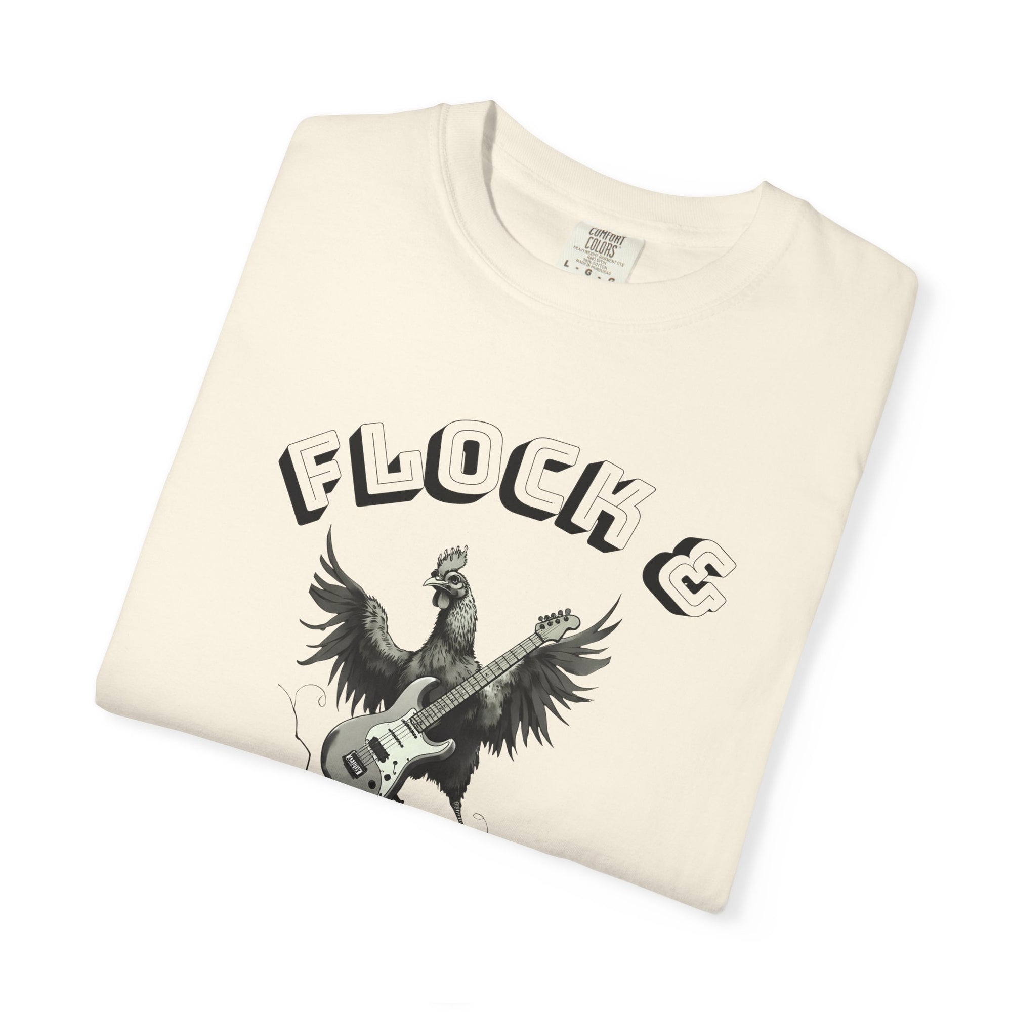 Flock & Roll Chicken T-Shirt – Funny Rock and Roll Graphic Tee – Chicken Lover Shirt – Farmhouse Country Gift – Backyard Poultry Humor