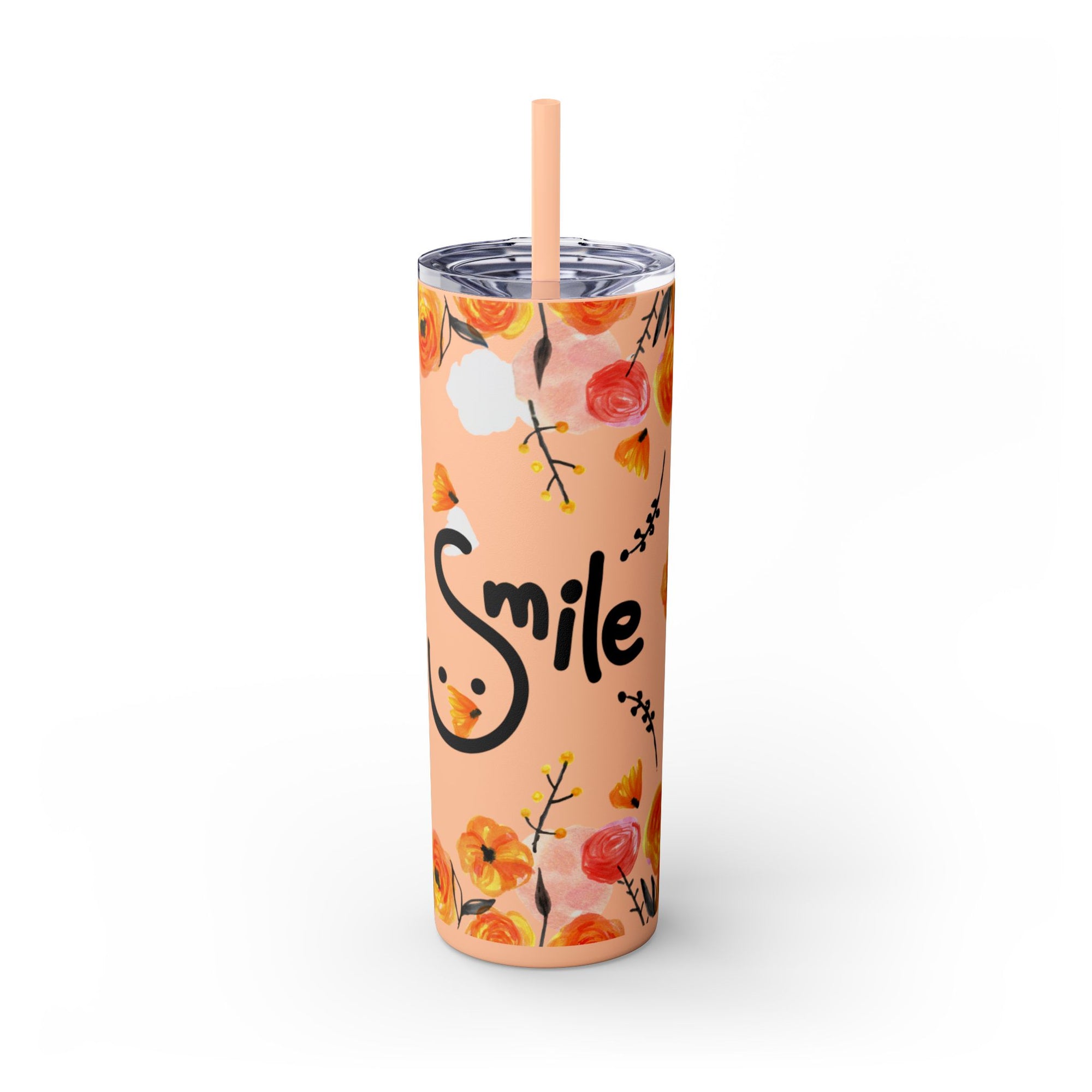 Smile Floral 20oz Skinny Tumbler – Watercolor Flower Stainless Steel Tumbler with Straw, Insulated Travel Cup, Cute Positive Gift