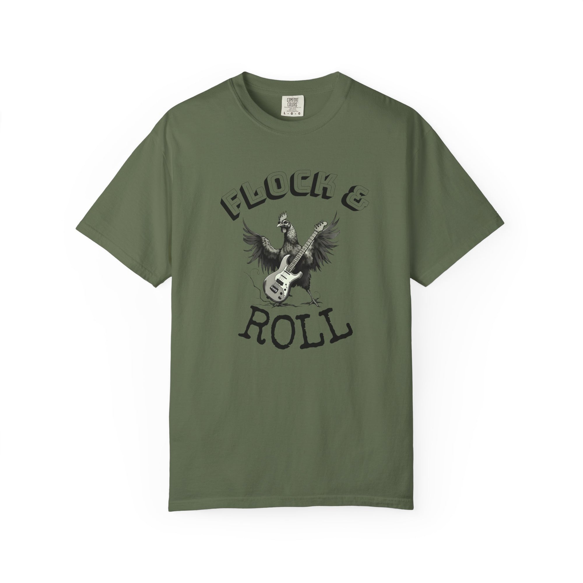 Flock & Roll Chicken T-Shirt – Funny Rock and Roll Graphic Tee – Chicken Lover Shirt – Farmhouse Country Gift – Backyard Poultry Humor