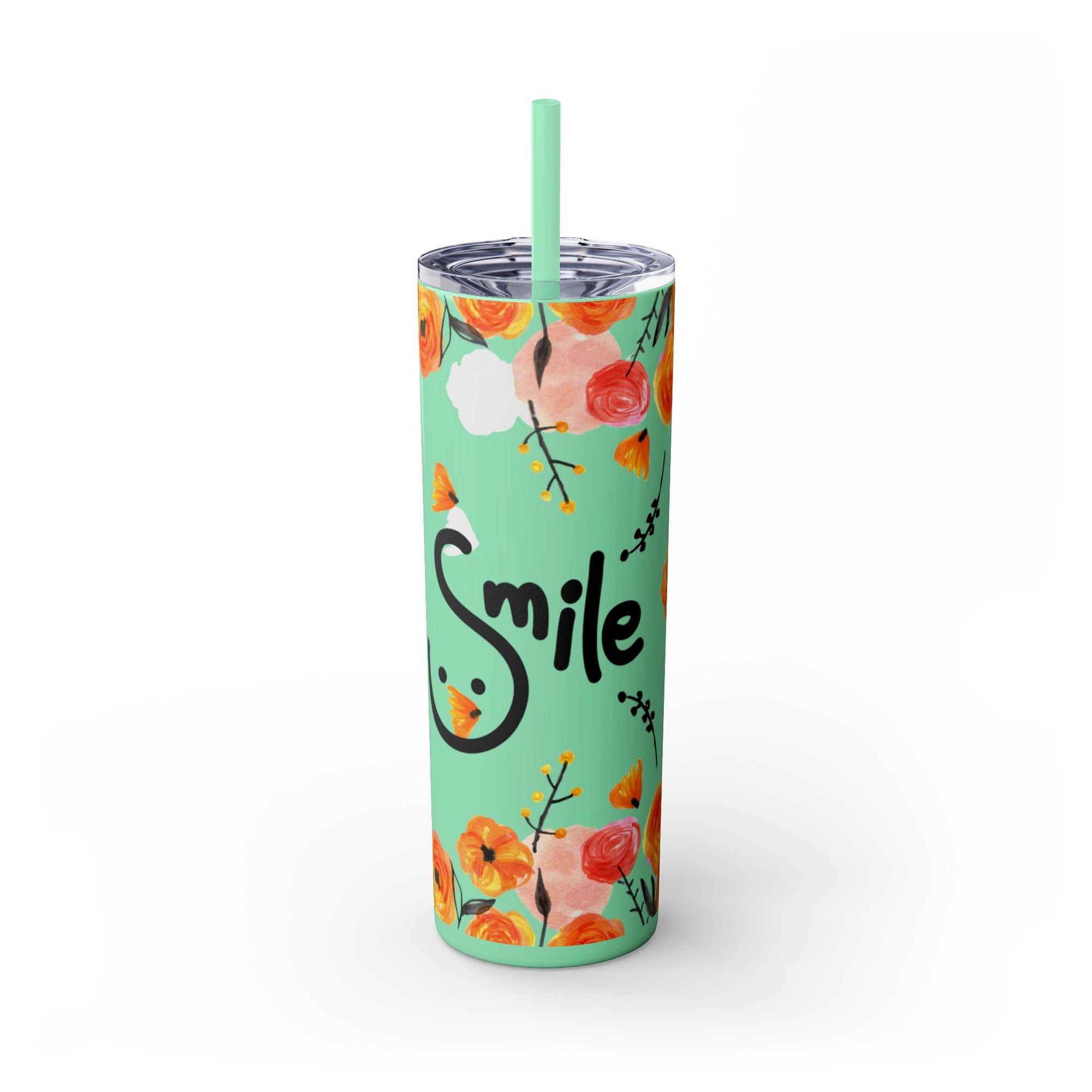 Smile Floral 20oz Skinny Tumbler – Watercolor Flower Stainless Steel Tumbler with Straw, Insulated Travel Cup, Cute Positive Gift