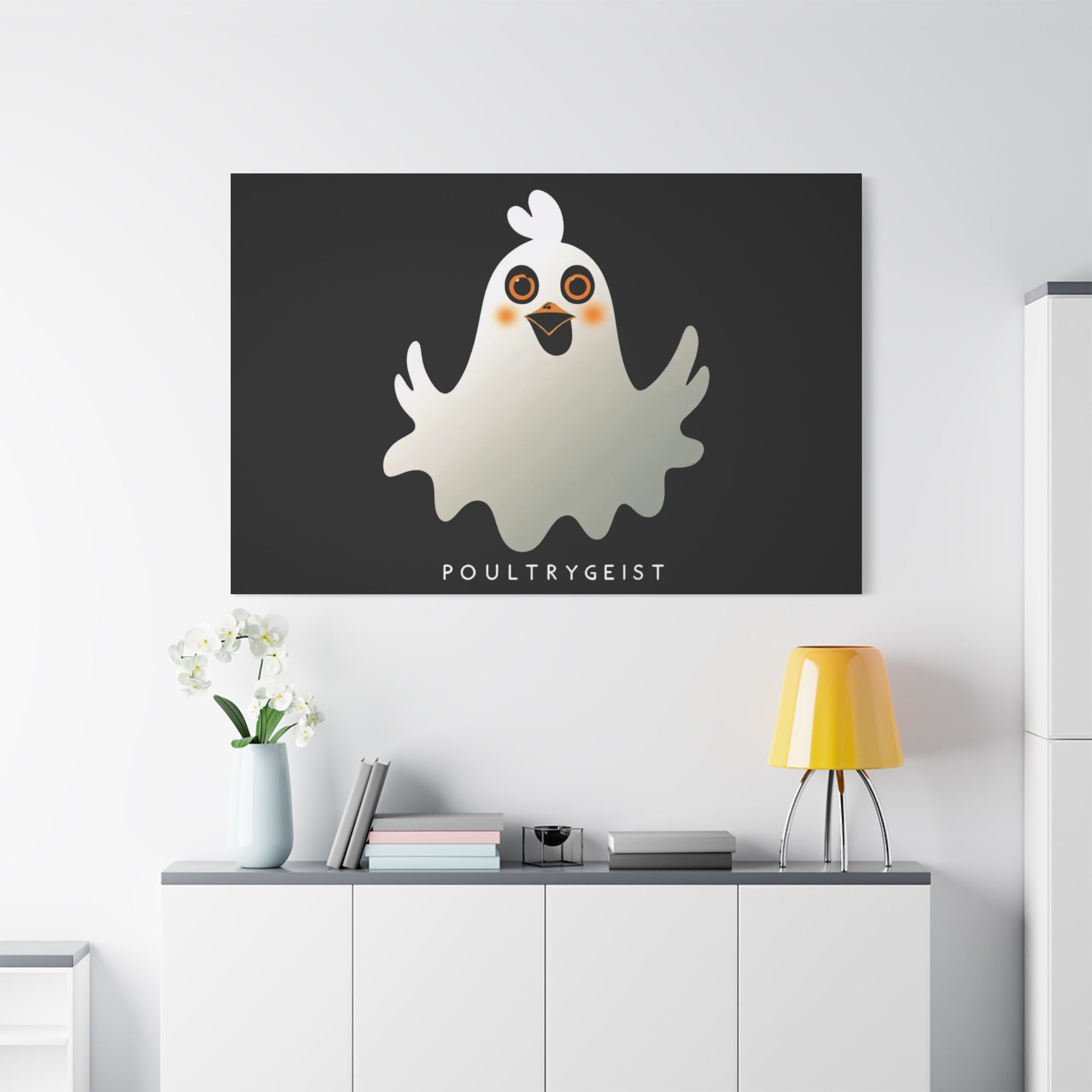 Poultrygeist Chicken Halloween Wall Art – Funny Farmhouse Spooky Decor – Gift for Chicken Lovers Whimsical Canvas Wall Art, Poultrygeist Decor, Cute Ghost Art, Halloween Home Decor, Fun Wall Hanging