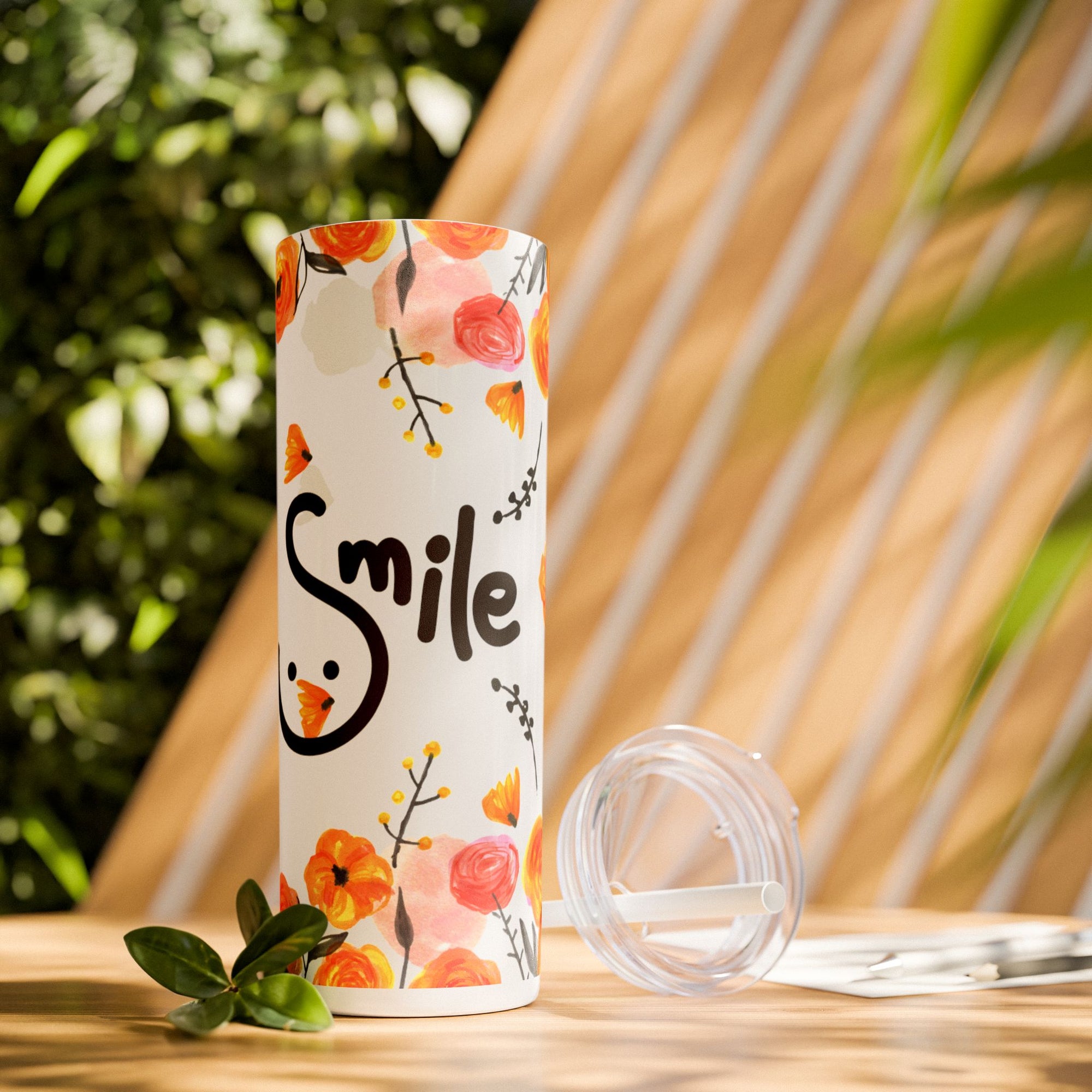 Smile Floral 20oz Skinny Tumbler – Watercolor Flower Stainless Steel Tumbler with Straw, Insulated Travel Cup, Cute Positive Gift